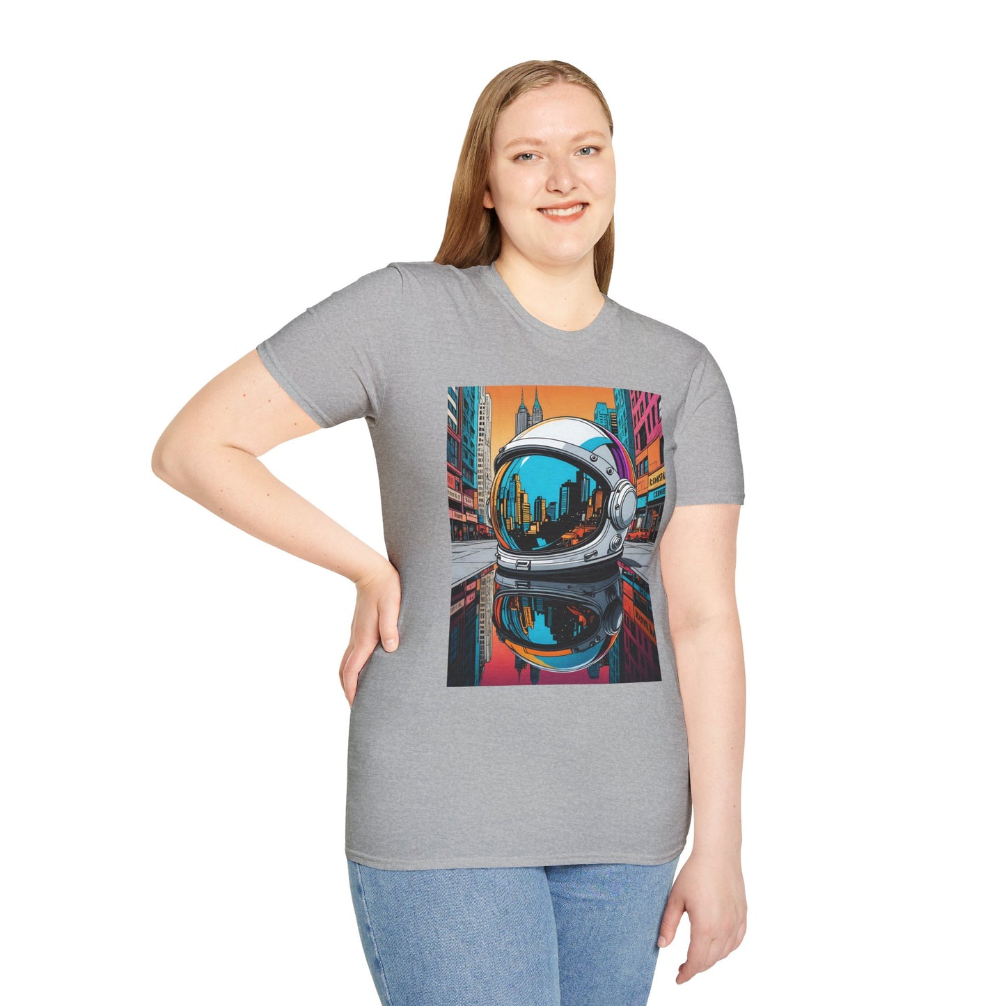 City Astronaut Reflection T-Shirt – Urban Space Art Tee – Gift for Sci-Fi Fans, Streetwear Addicts, and Cosmic Daydreamers