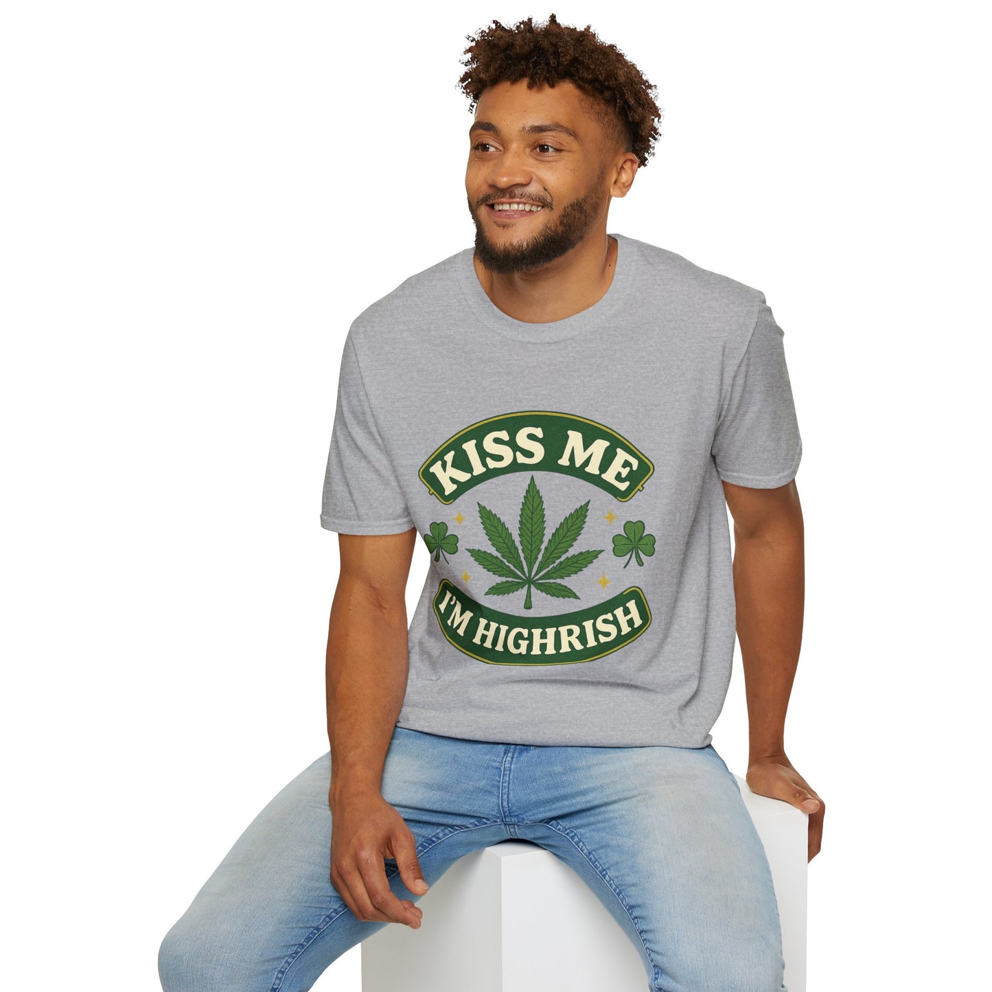 Kiss Me I’m Highrish Shirt – Funny Weed St. Patrick’s Day Tee – Cannabis Leaf Irish Parody Shirt – Gift for Stoner Friends and Green Beer Fans