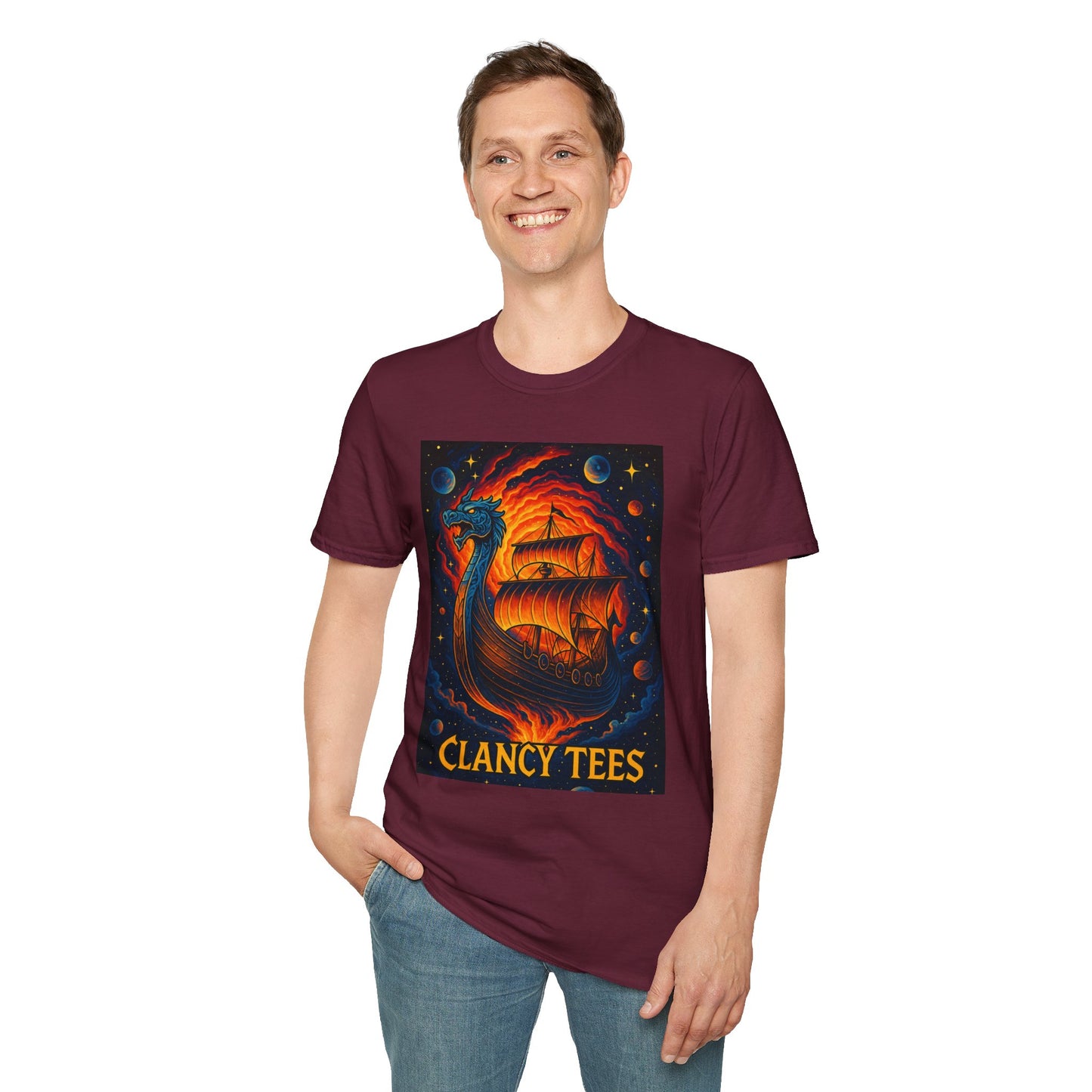 Viking Ship Dragon Shirt – Trippy Norse Mythology Tee with Fiery Cosmic Art – Bold Fantasy Graphic – Gift for Myth Lovers and Warrior Souls
