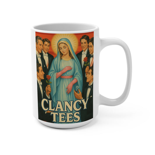 Virgin Mary Surrounded Ceramic Mug Vintage Style Religious Satire Coffee Cup