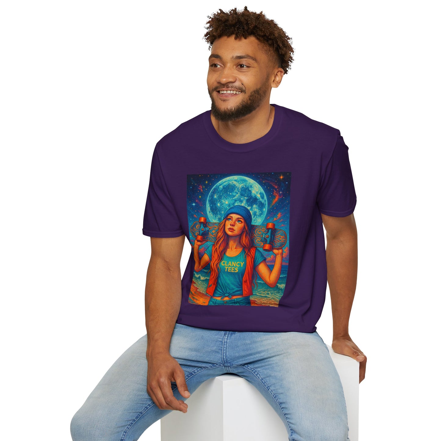 Bohemian Skater Girl Graphic Tee, Unisex T-Shirt with Moon & Nature Design, Perfect for Festivals, Gift for Nature Lovers, Summer Vibes, Casual Wear