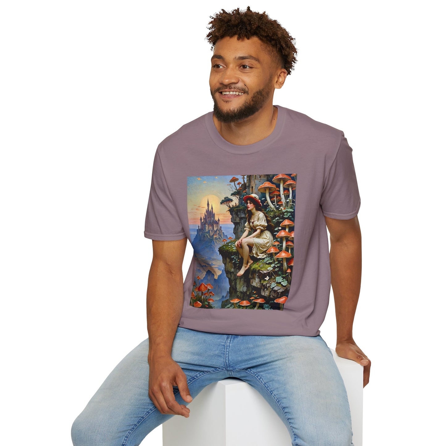 Fantasy Mushroom Fairy T-Shirt Enchanted Castle Cliffside Tee Surreal Magic Art Shirt Gift for Fantasy Fans Gift for Dreamers Psychedelic Nature Tee