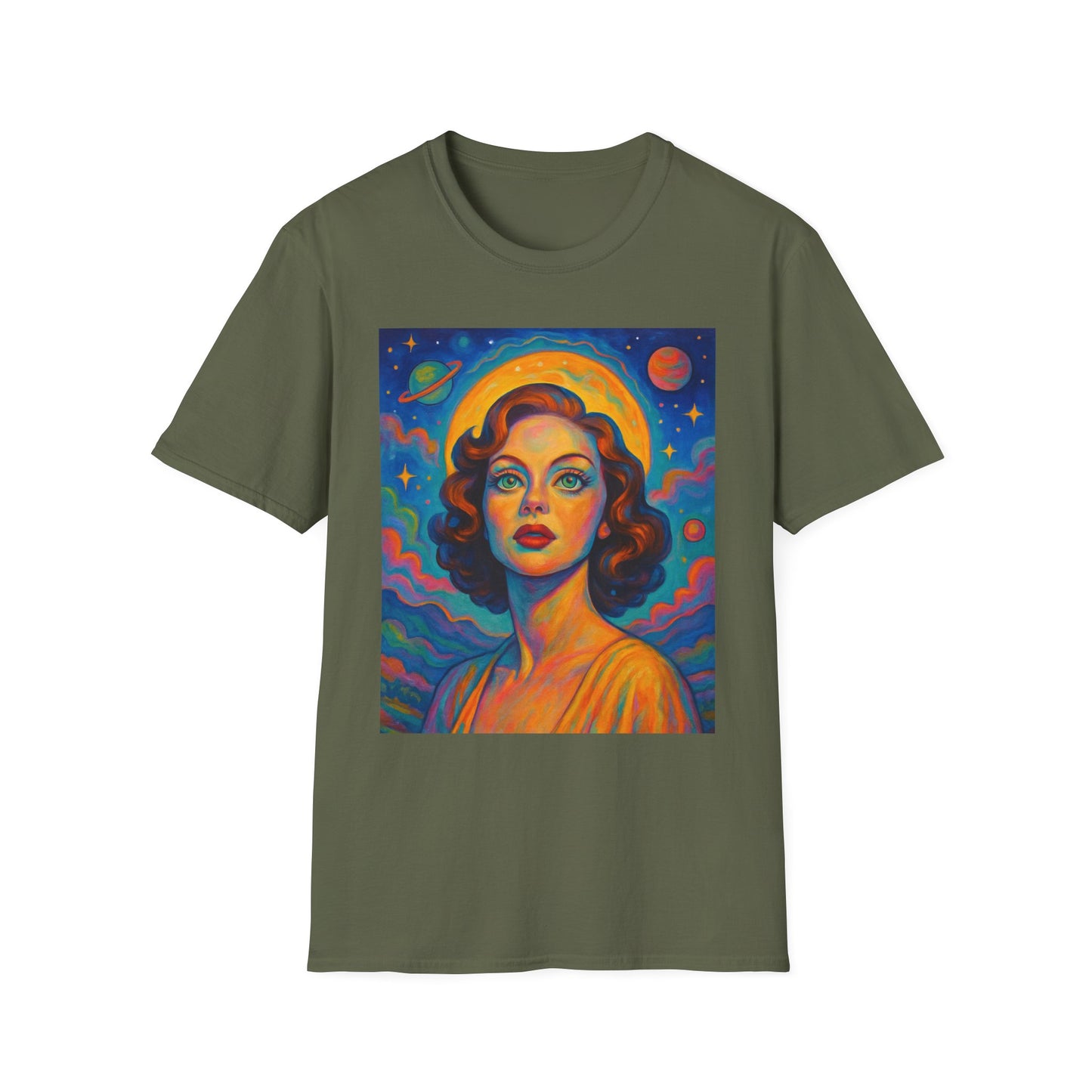 Retro Space Girl T Shirt Vintage Sci Fi Beauty Psychedelic Pop Art Galaxy Babe Tee Gift for Star Gazers Cosmic Fashion Astronaut Dreamwear