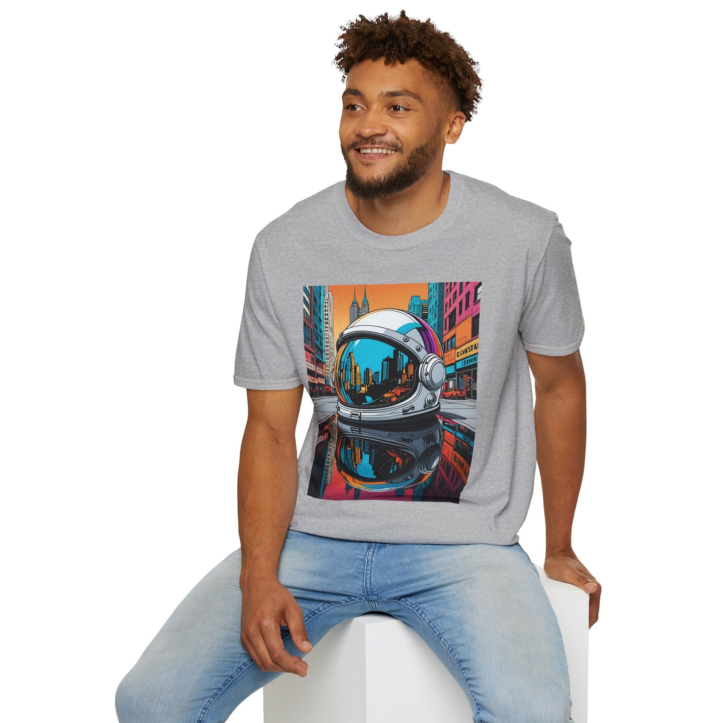 City Astronaut Reflection T-Shirt – Urban Space Art Tee – Gift for Sci-Fi Fans, Streetwear Addicts, and Cosmic Daydreamers