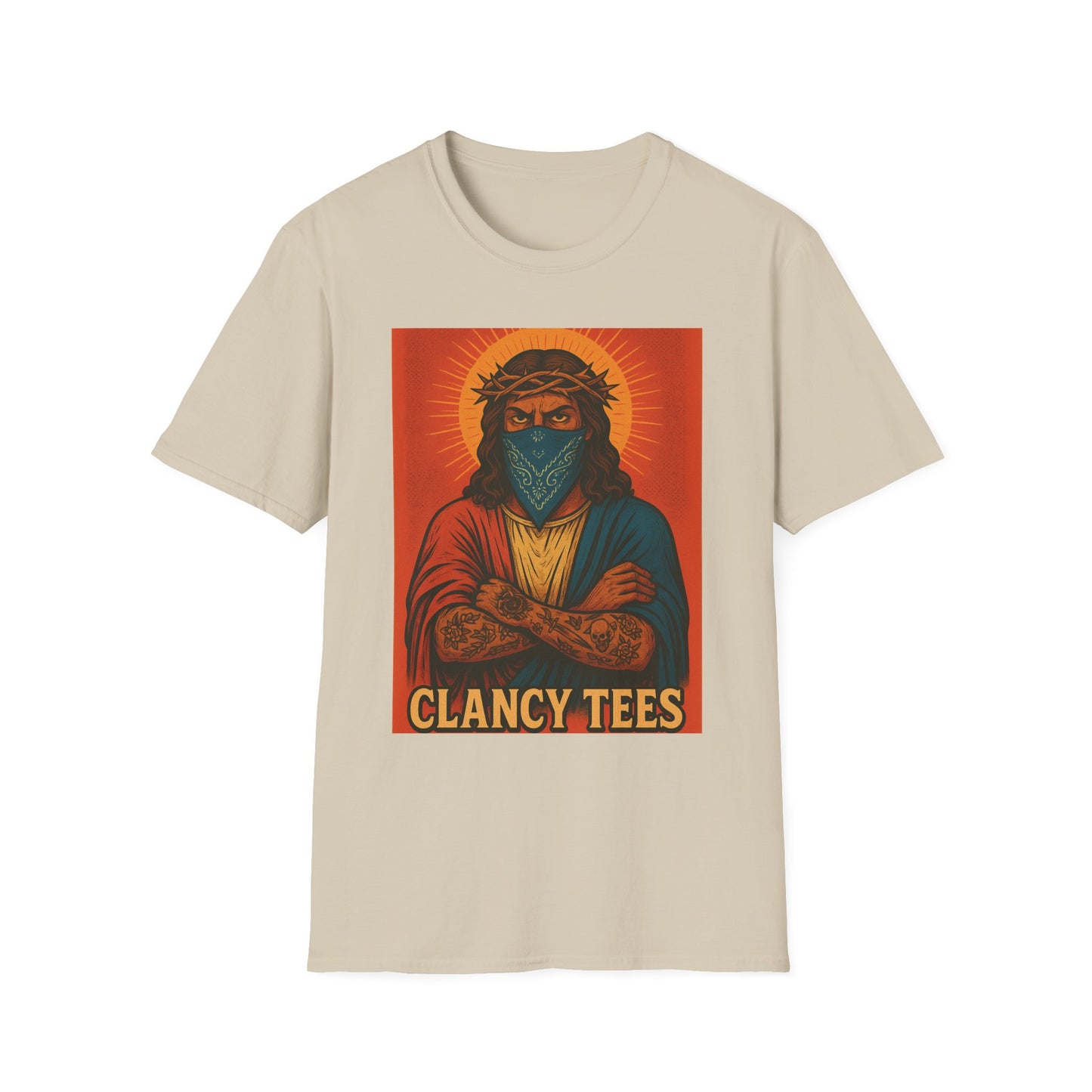 Gangsta Jesus Tattoo Shirt – Bold Religious Parody Tee with Face Mask – Street Art Style Graphic – Gift for Rebels, Sinners, and Faithful Rule-Breakers