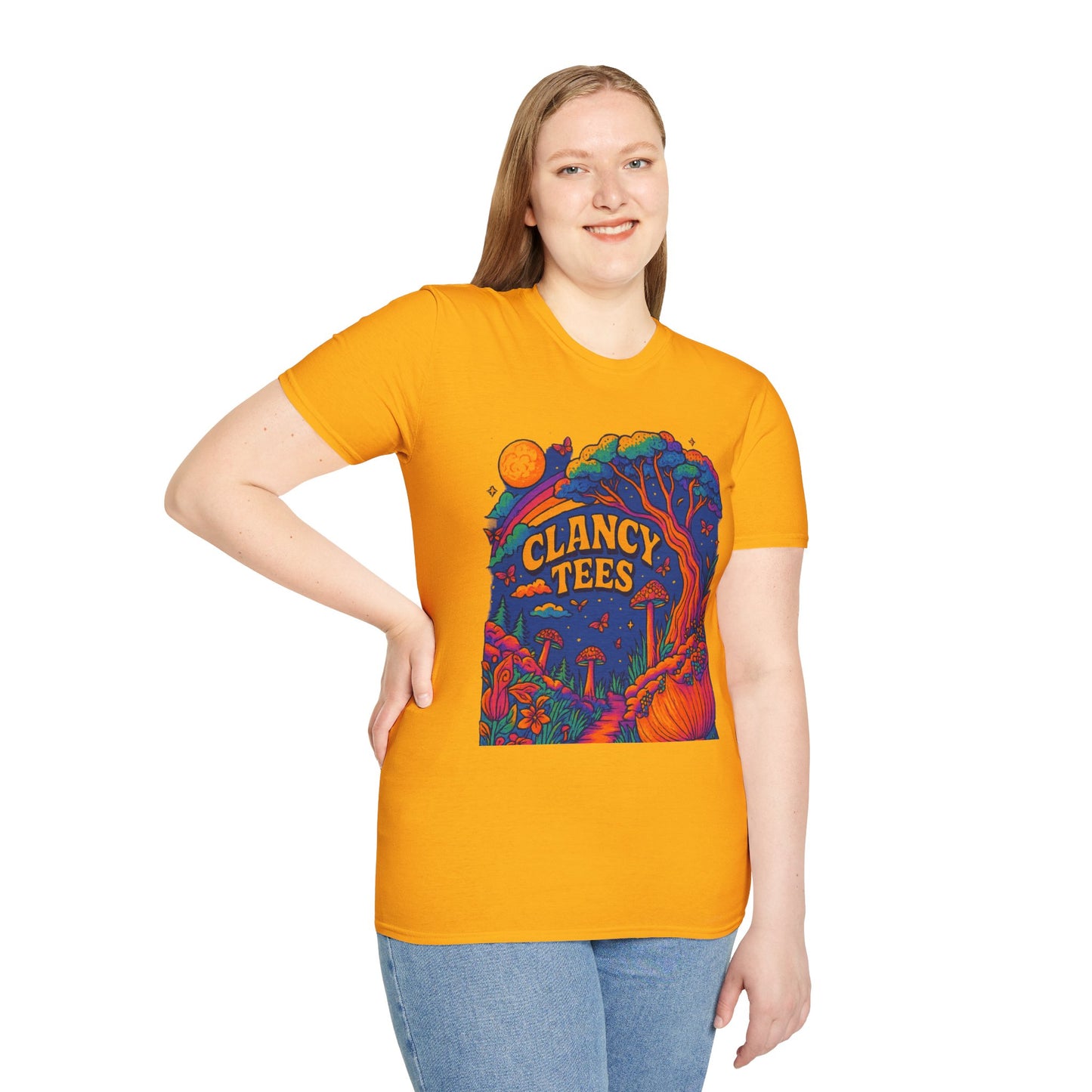 Colorful Nature-Themed Unisex Softstyle T-Shirt - Bohemian Vibe, Perfect for Festivals, Gift for Nature Lovers, Casual Wear, Clancy Tees