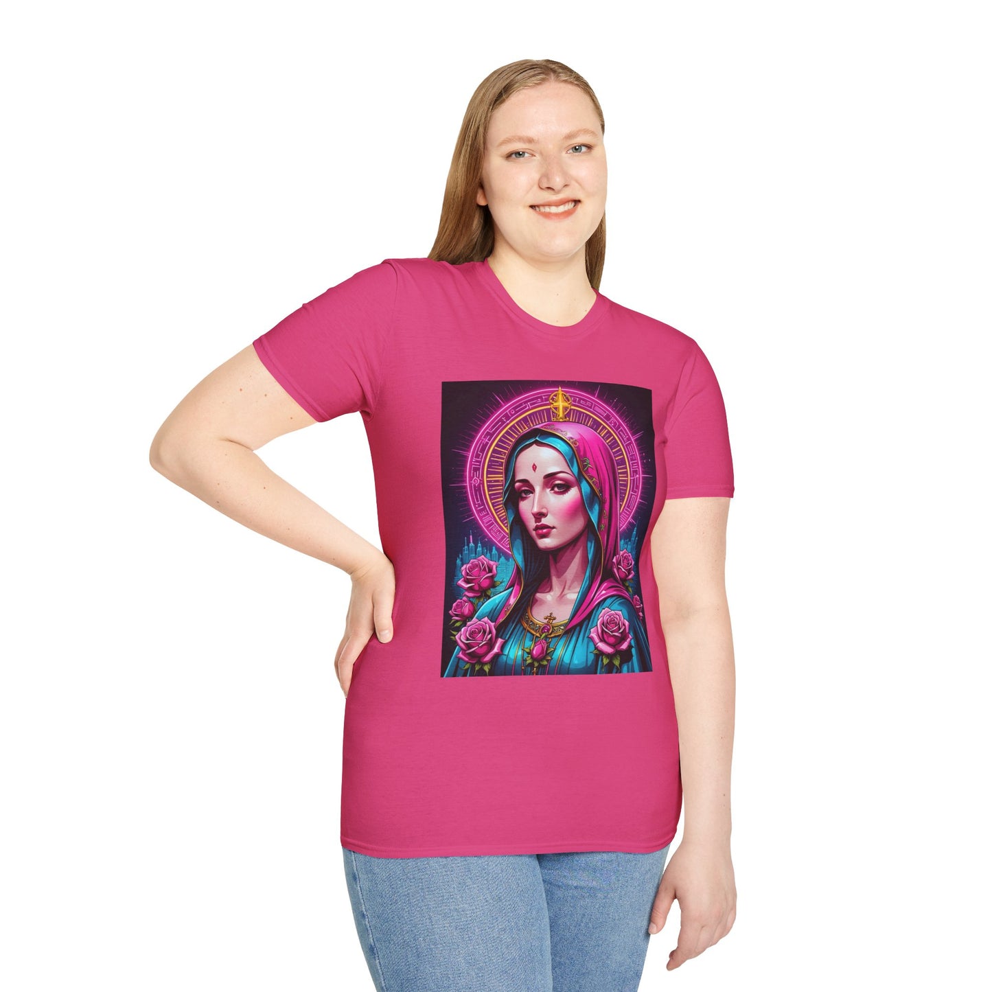 Religious Graphic Tee - Vibrant Mary Artwork, Gift for Devotees, Floral Design Shirt, Faith-Inspired Apparel, Everyday Wear