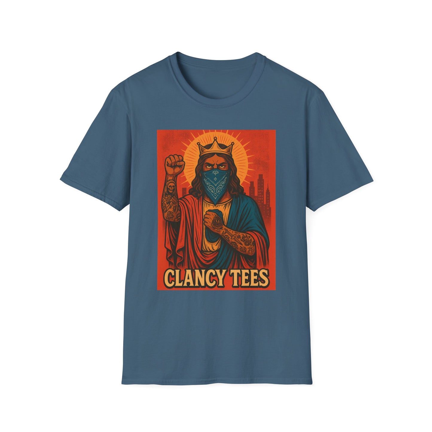 Tattooed Jesus Street Art Shirt – Clancy Tees | Urban Messiah Graphic Tee | Bold Religious Satire Shirt | King of the Block Tee