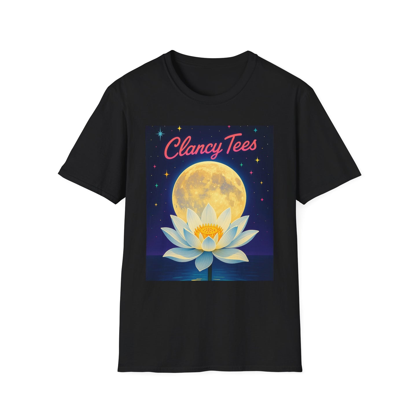 Moon Lotus Clancy Tees Shirt – Ethereal Floral T-Shirt with Full Moon Art – Gift for Nature Lovers, Yogis, Dreamers & Spiritual Aesthetic Fans