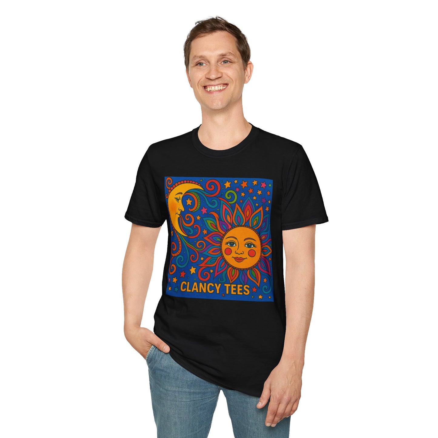 Sun and Moon Vibrant Tee, Unisex Softstyle T-Shirt for Summer Vibes, Boho Fashion, Gift for Her, Festival Wear, Casual Wear
