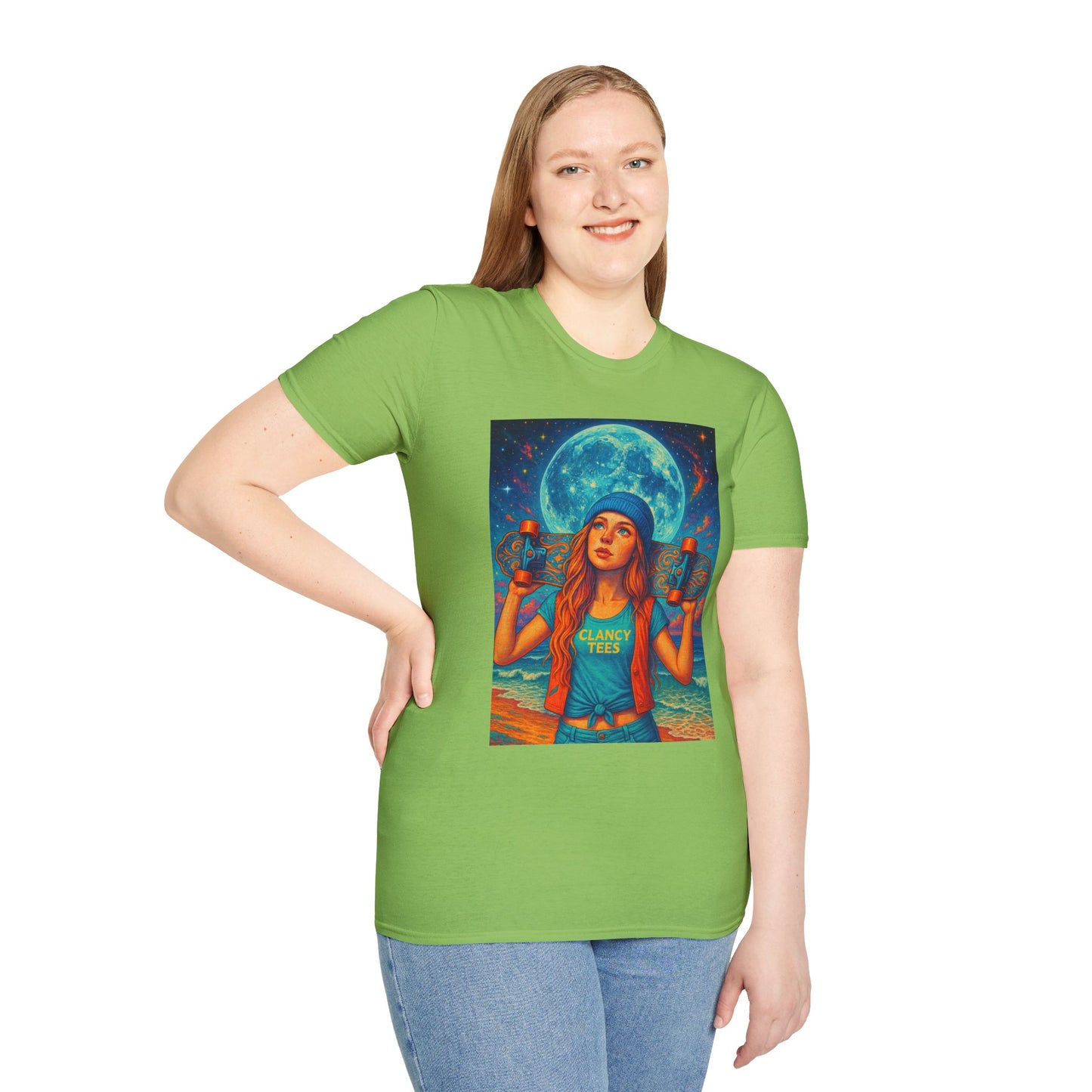 Bohemian Skater Girl Graphic Tee, Unisex T-Shirt with Moon & Nature Design, Perfect for Festivals, Gift for Nature Lovers, Summer Vibes, Casual Wear