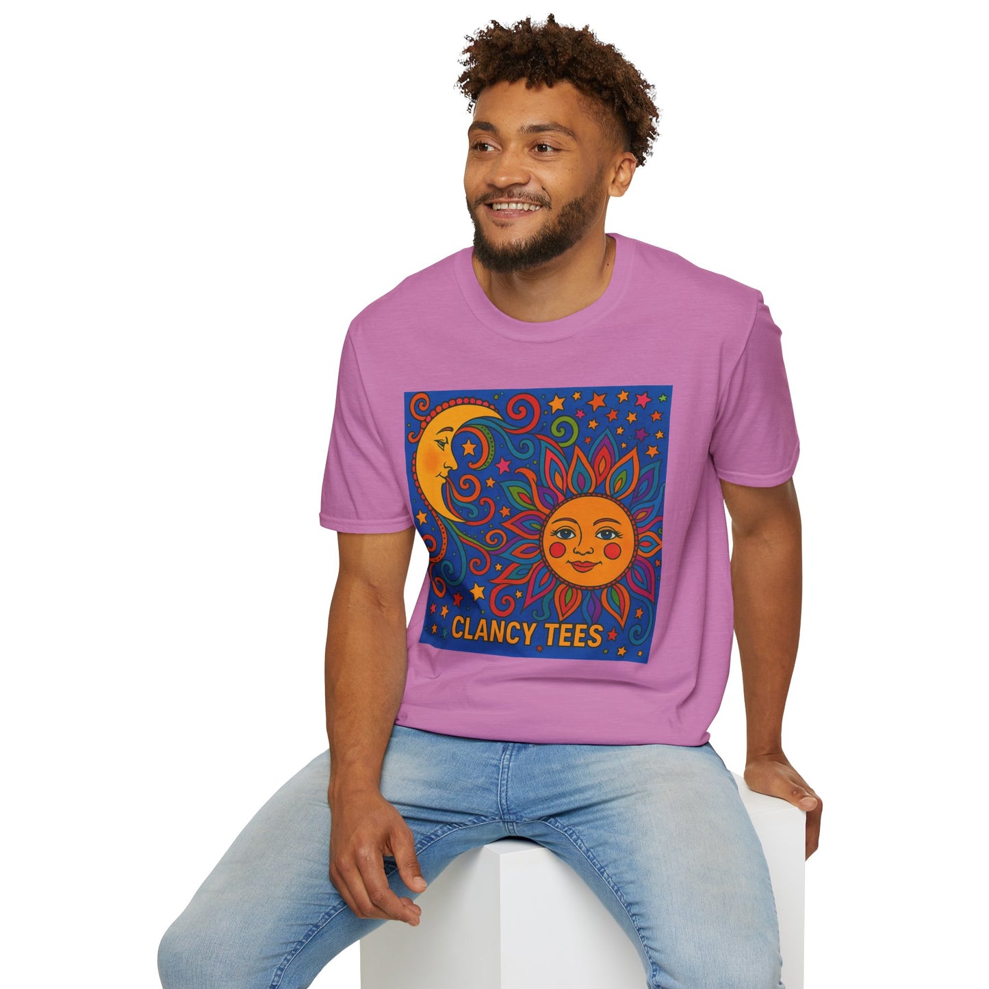 Sun and Moon Vibrant Tee, Unisex Softstyle T-Shirt for Summer Vibes, Boho Fashion, Gift for Her, Festival Wear, Casual Wear