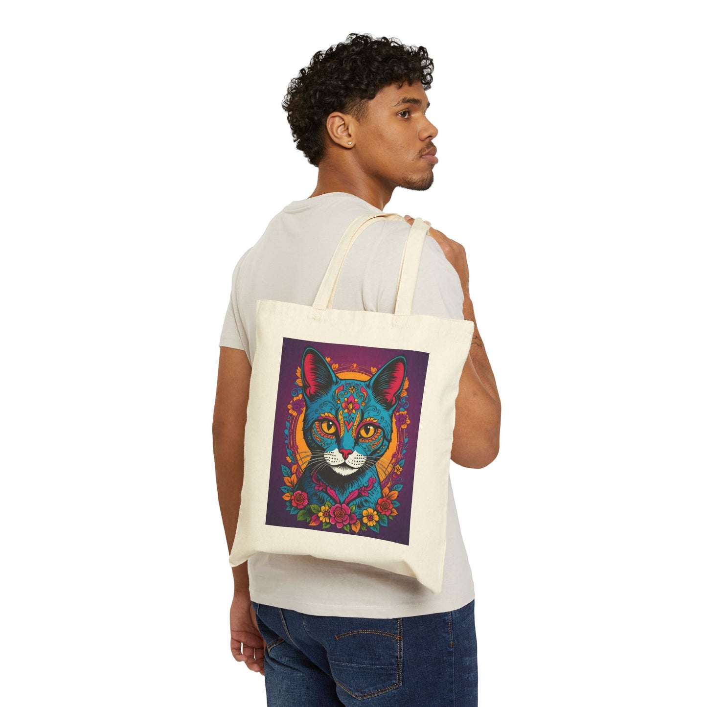 Colorful Cat Art Cotton Canvas Tote Bag, Eco-Friendly Shopping Bag, Perfect Gift for Cat Lovers, Shopping, Beach, Festivals