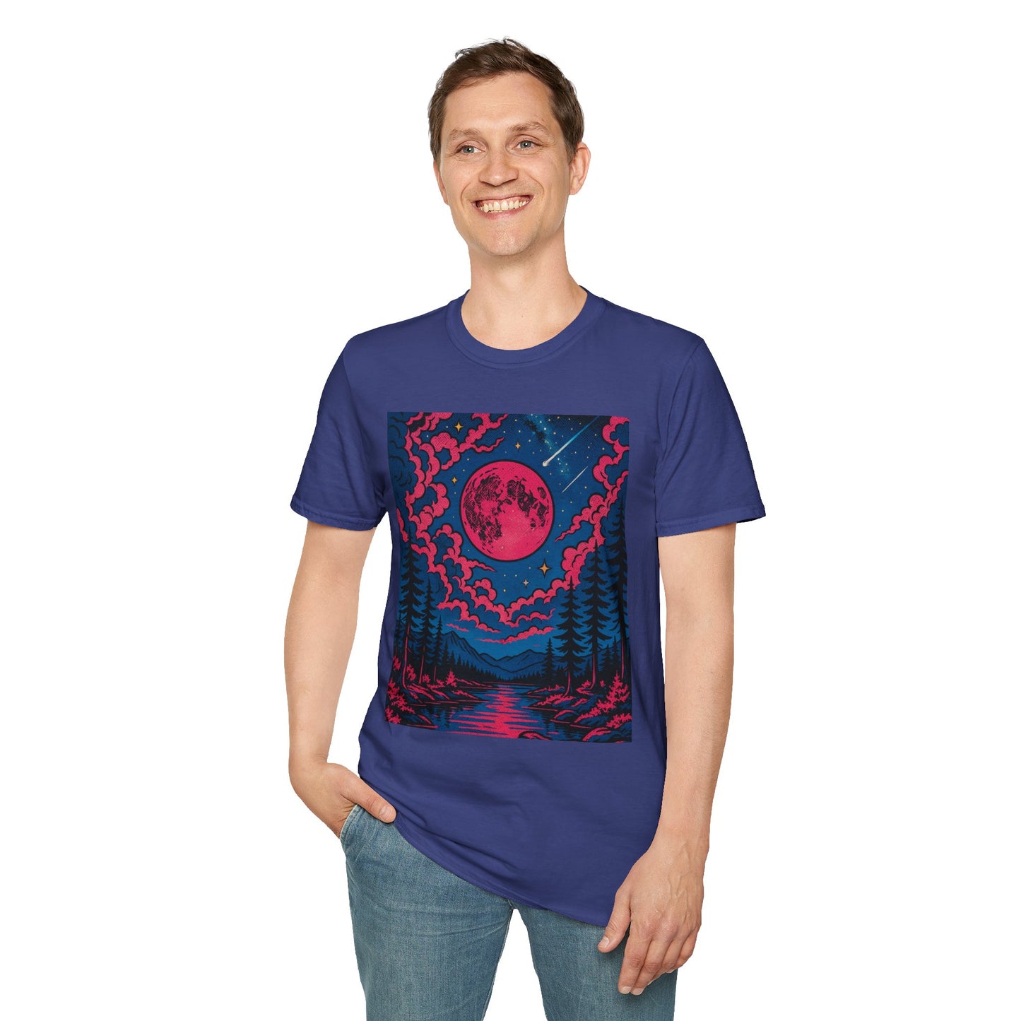 Trippy Red Moon Forest T-Shirt – Surreal Nature Graphic Tee • Psychedelic Night Sky Shirt • Gildan Softstyle® Unisex • Gift for Nature Lovers