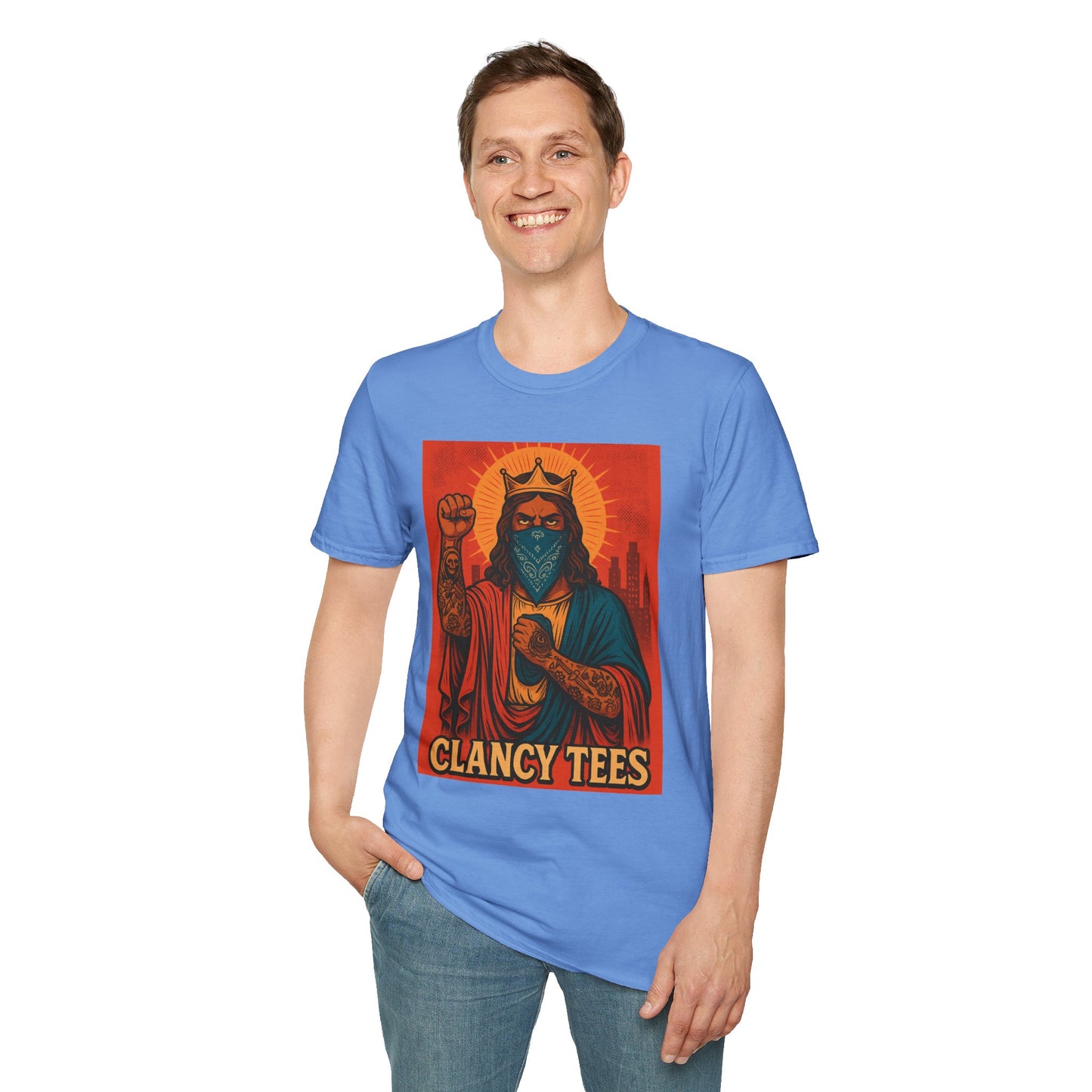 Tattooed Jesus Street Art Shirt – Clancy Tees | Urban Messiah Graphic Tee | Bold Religious Satire Shirt | King of the Block Tee