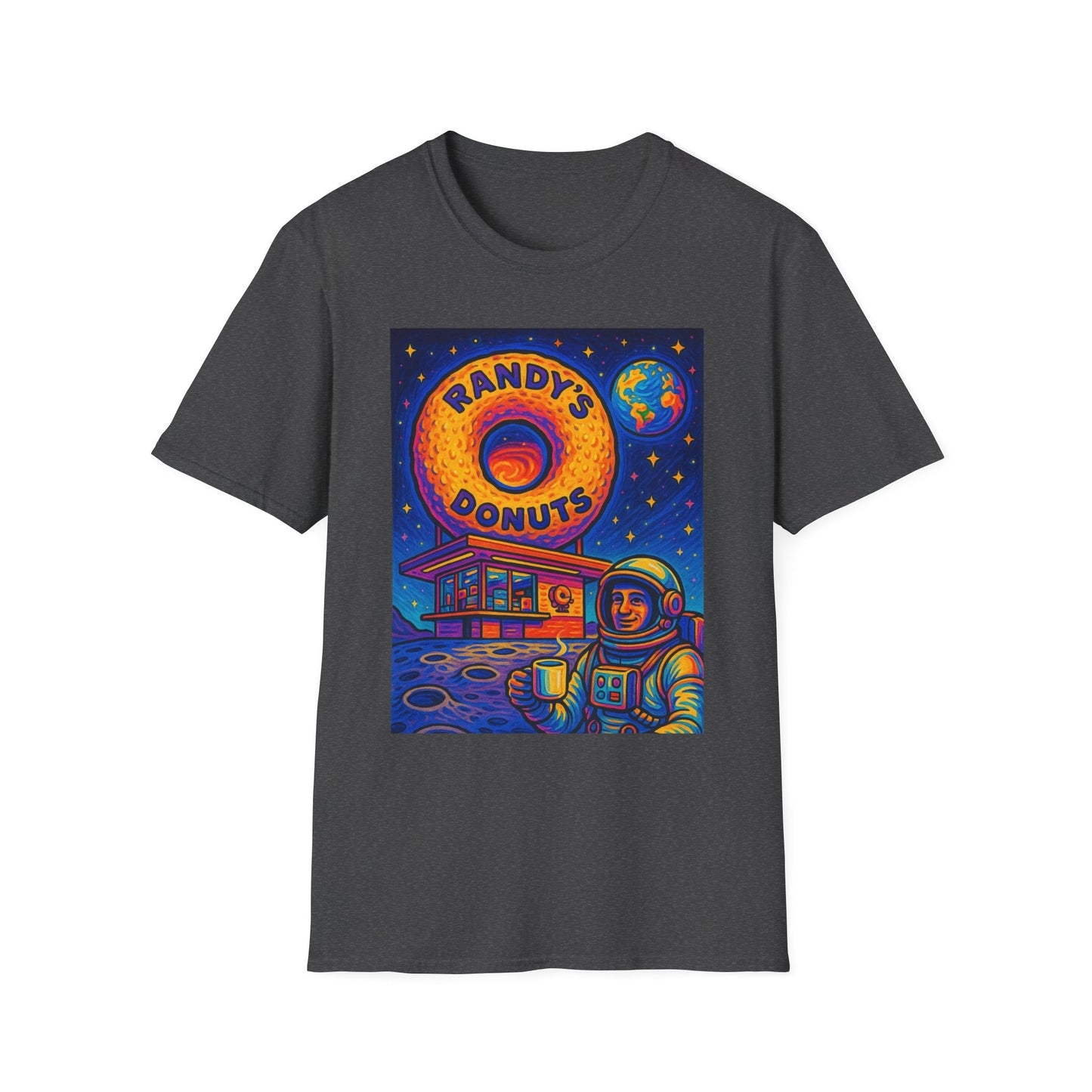 Space Donut T-Shirt – Retro Sci-Fi Astronaut Holding Coffee on the Moon – Gift for Foodies, Dreamers, and Outer Space Humor Fans
