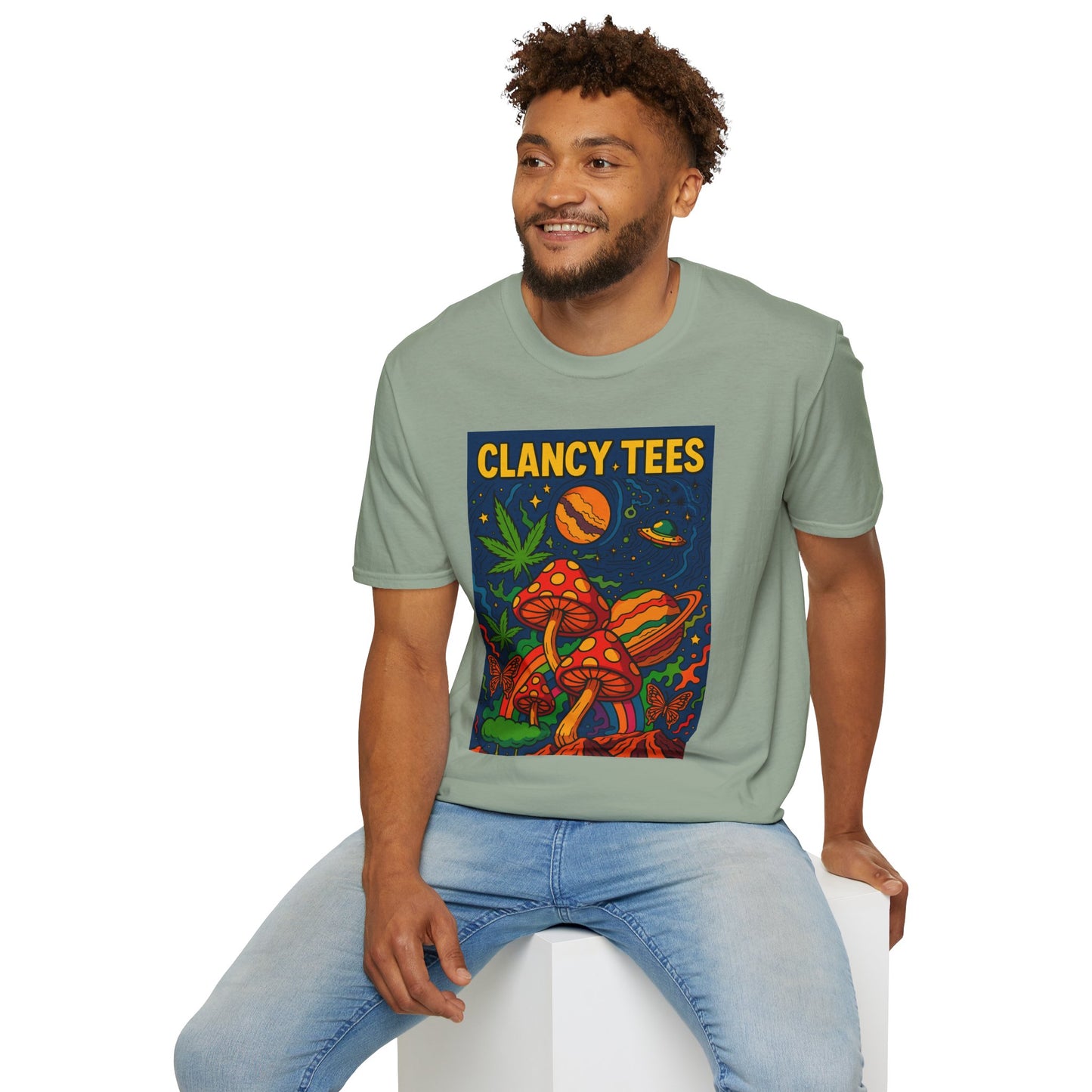 Trippy Mushroom Graphic T Shirt Psychedelic Space Art Tee Cosmic Fungi Illustration Unisex Softstyle Gift for Stoner Friends Gift for Psychedelic Fans
