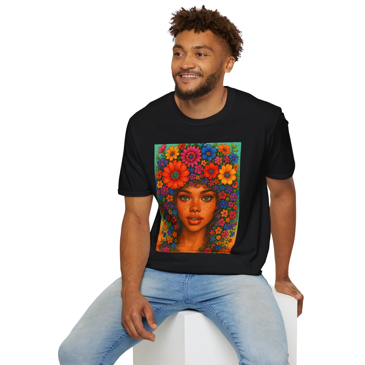 Flower Crown Woman T-Shirt – Afro Boho Floral Portrait Tee – Vibrant Art Shirt Gift for Nature Lovers, Hippies, Artists, and Bold Aesthetic Queens