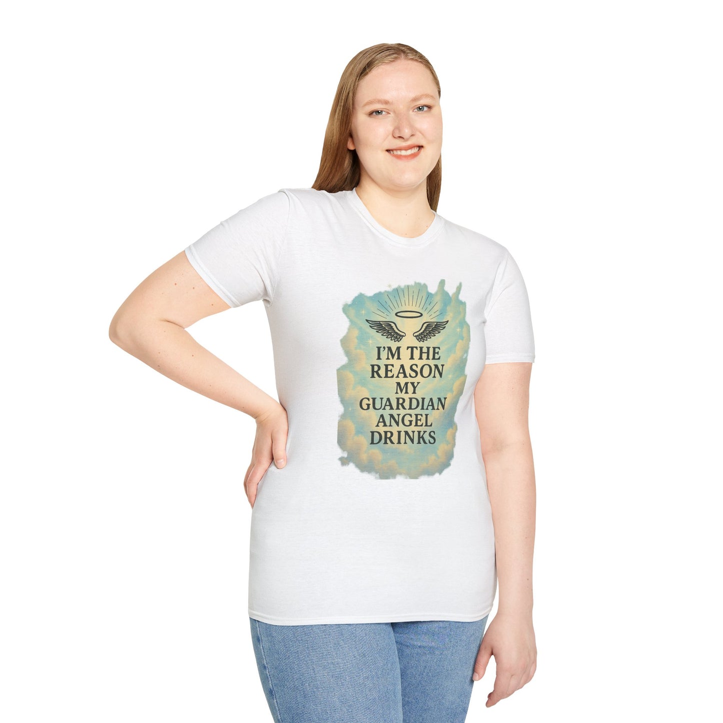 Unisex Softstyle T-Shirt, Funny Guardian Angel Tee, Unique Gift for Friends, Humor Shirt, Casual Wear, Perfect for Holidays