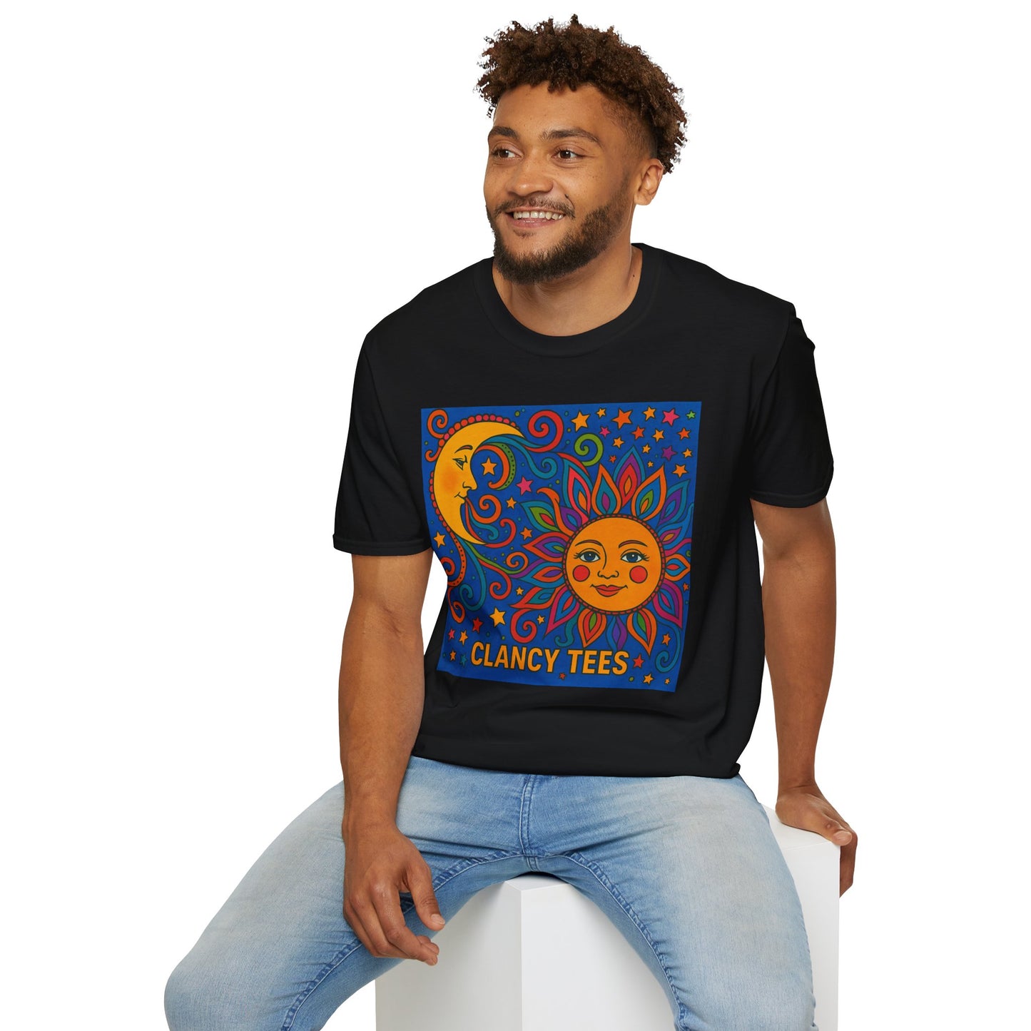 Sun and Moon Vibrant Tee, Unisex Softstyle T-Shirt for Summer Vibes, Boho Fashion, Gift for Her, Festival Wear, Casual Wear