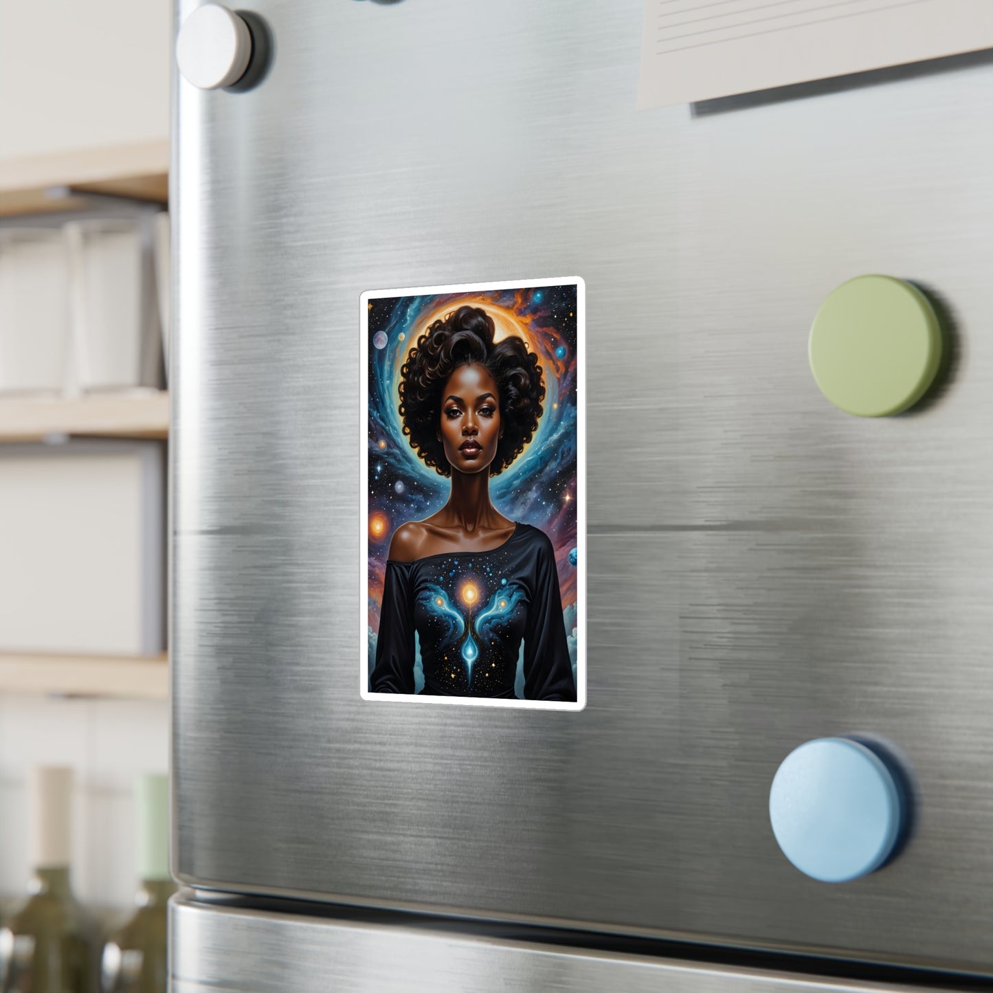 Cosmic Goddess Sticker – Kiss Cut Vinyl Decal, Afrofuturist Artwork, Galaxy Aesthetic, Gift for Spiritual Seekers