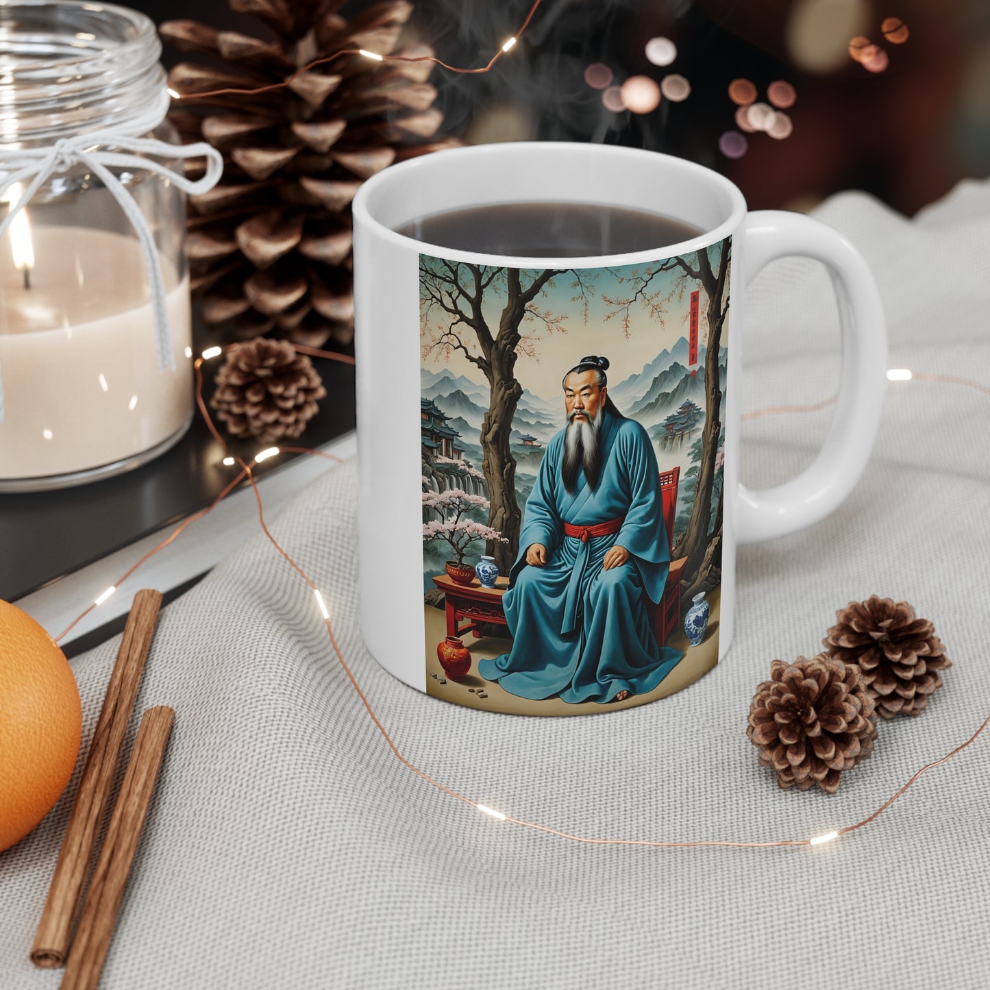 Philosopher Coffee Mug 11oz Ceramic Cup Traditional Asian Artwork Vintage Inspired Drinkware Wisdom Design Scenic Mountain Art For Coffee And Tea
