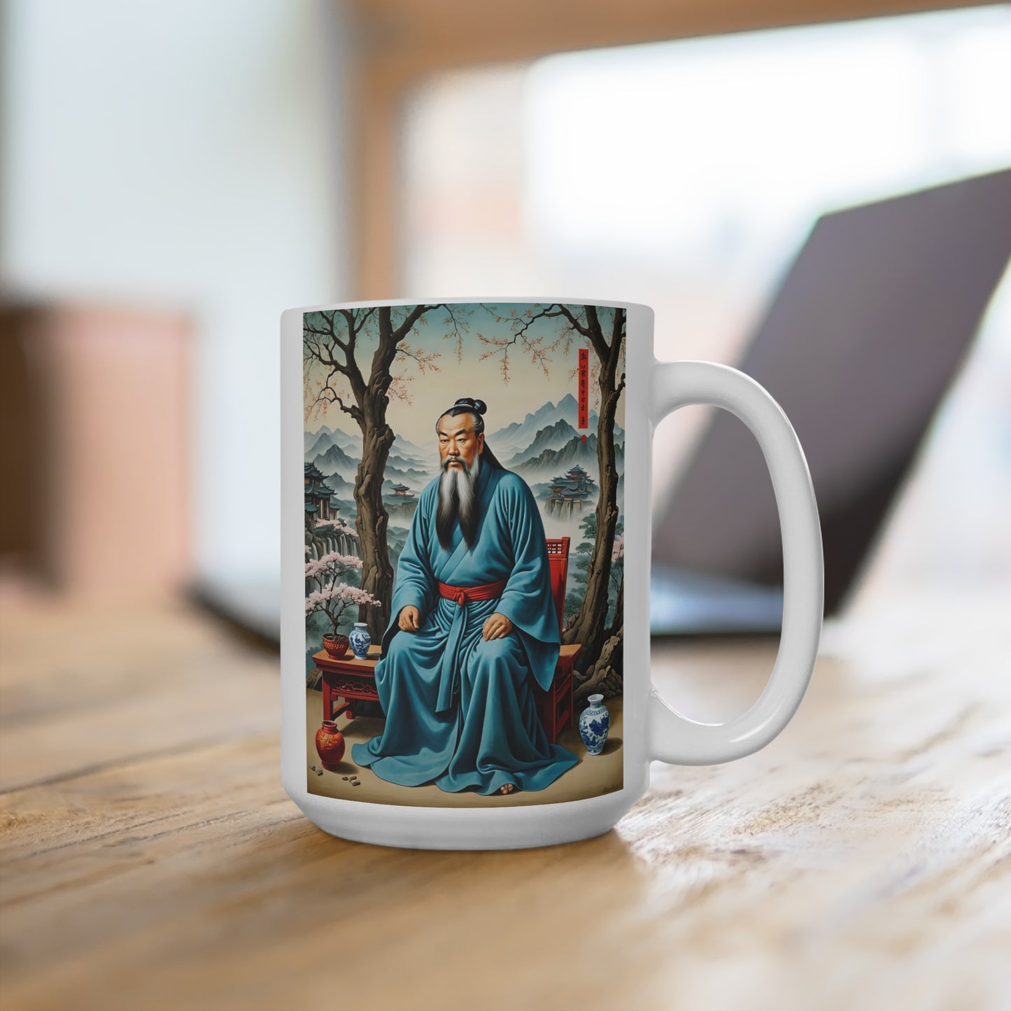 Ancient Scholar Ceramic Mug 15oz Traditional Asian Art Coffee Cup Philosophical Wisdom Design Gift For Thinkers