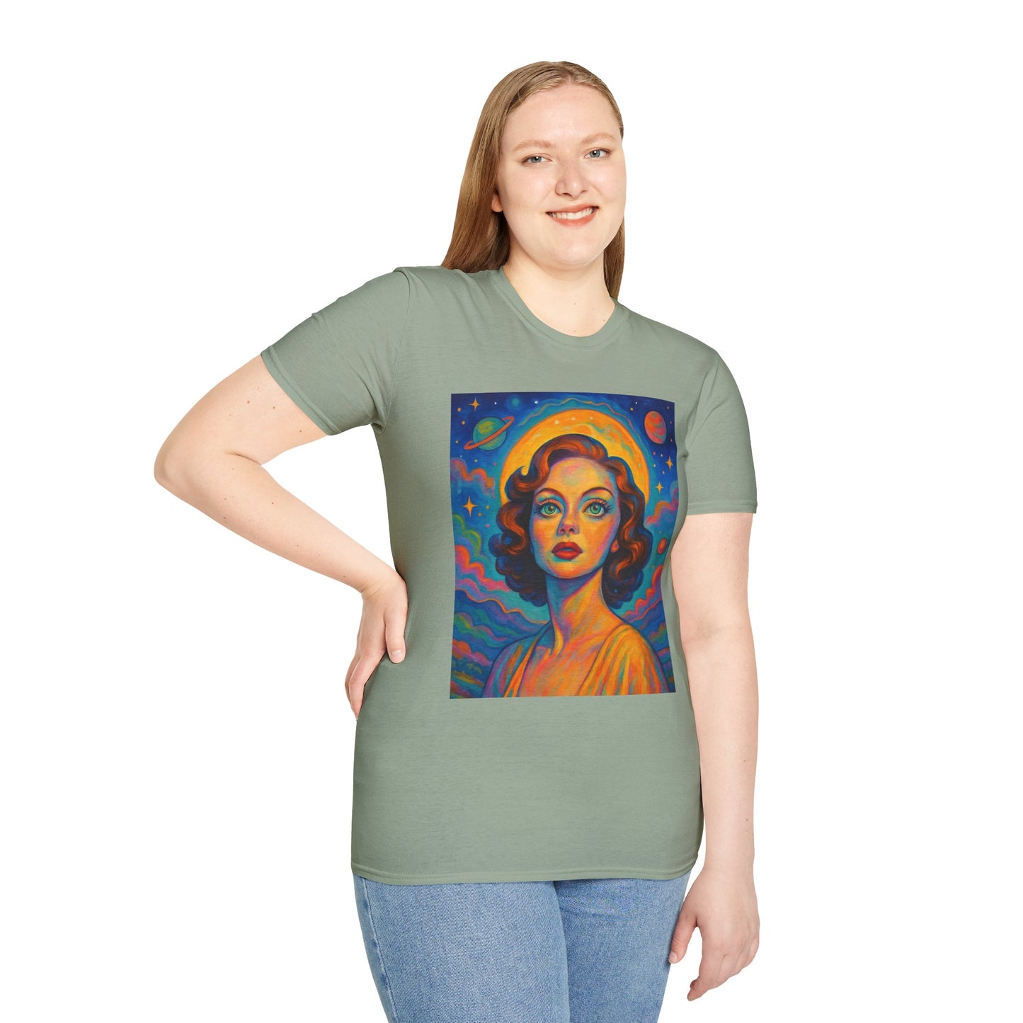 Retro Space Girl T Shirt Vintage Sci Fi Beauty Psychedelic Pop Art Galaxy Babe Tee Gift for Star Gazers Cosmic Fashion Astronaut Dreamwear