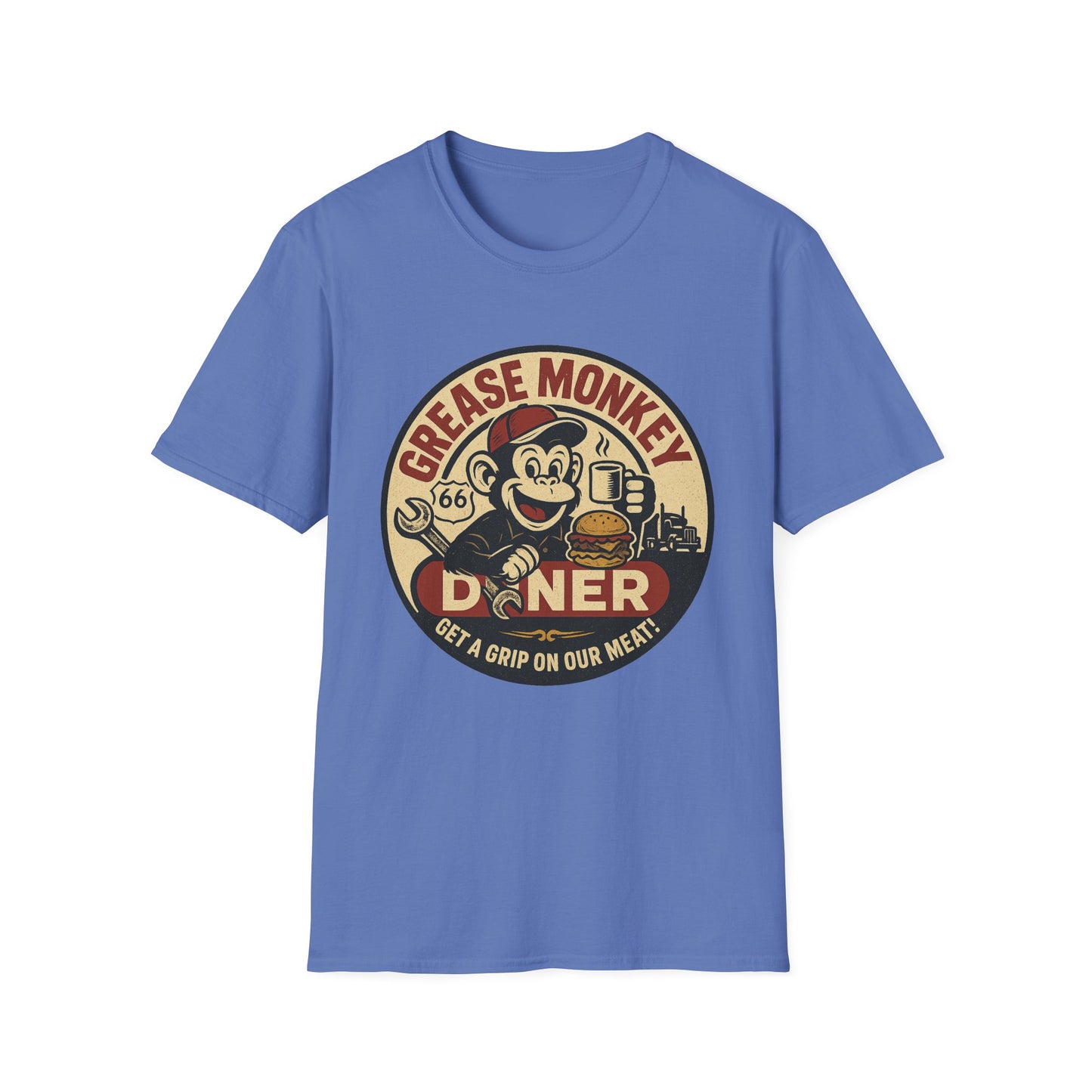 Grease Monkey Diner T-Shirt – Retro Mechanic Mascot Tee – Funny Vintage Roadside Shirt Gift for Car Guys, Grill Masters, and Route 66 Road Trip Fans