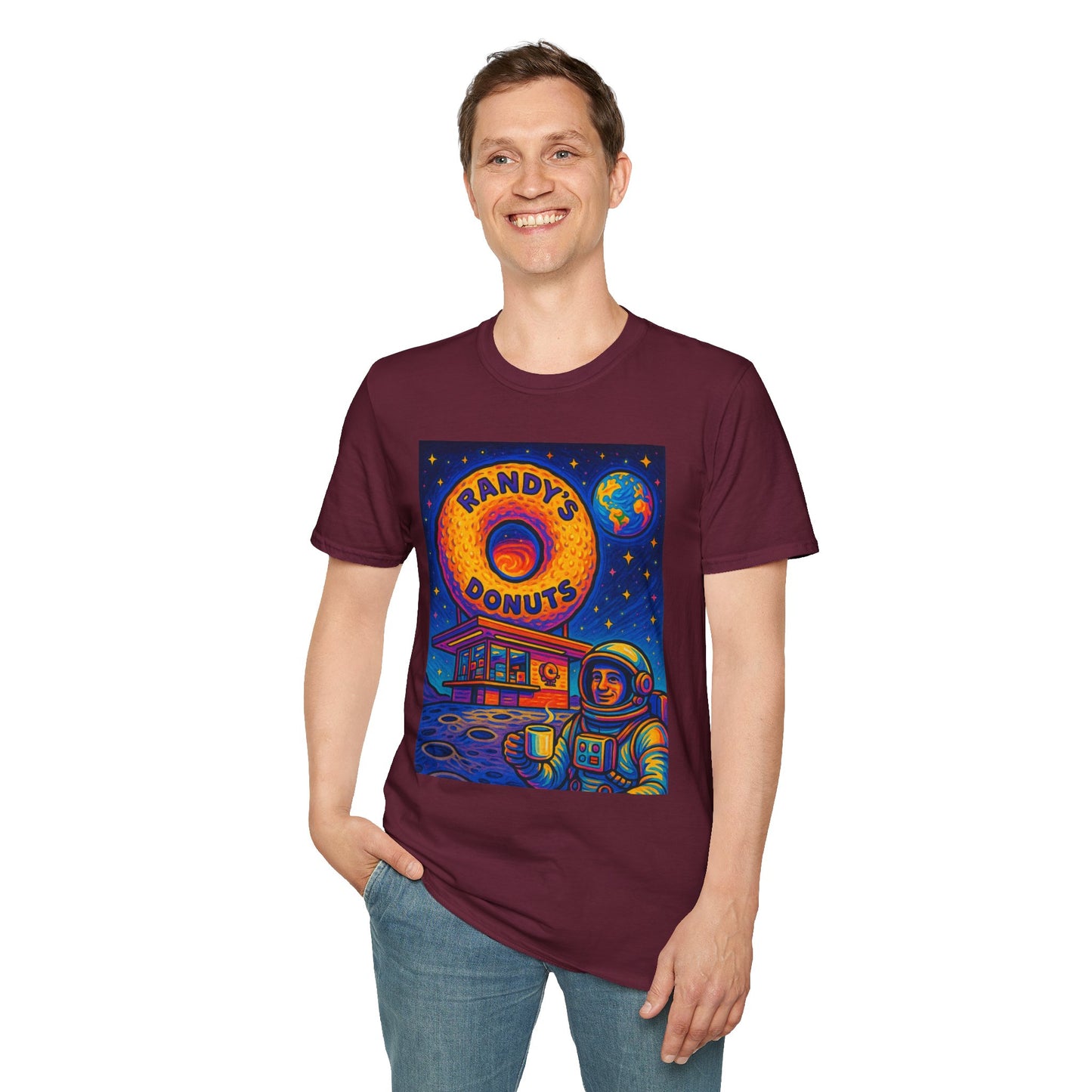 Space Donut T-Shirt – Retro Sci-Fi Astronaut Holding Coffee on the Moon – Gift for Foodies, Dreamers, and Outer Space Humor Fans