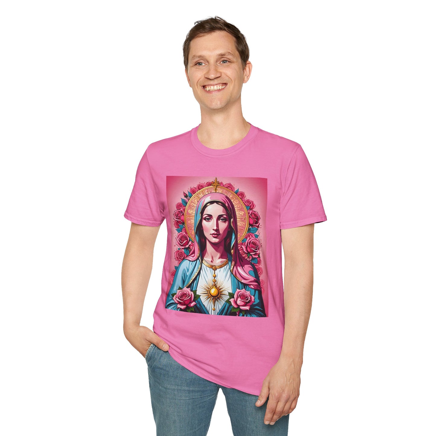 Unisex Softstyle T-Shirt with Sacred Heart Design, Spiritual Apparel, Artistic Gift for Many Occasions, Vintage Aesthetic, Festive Wear