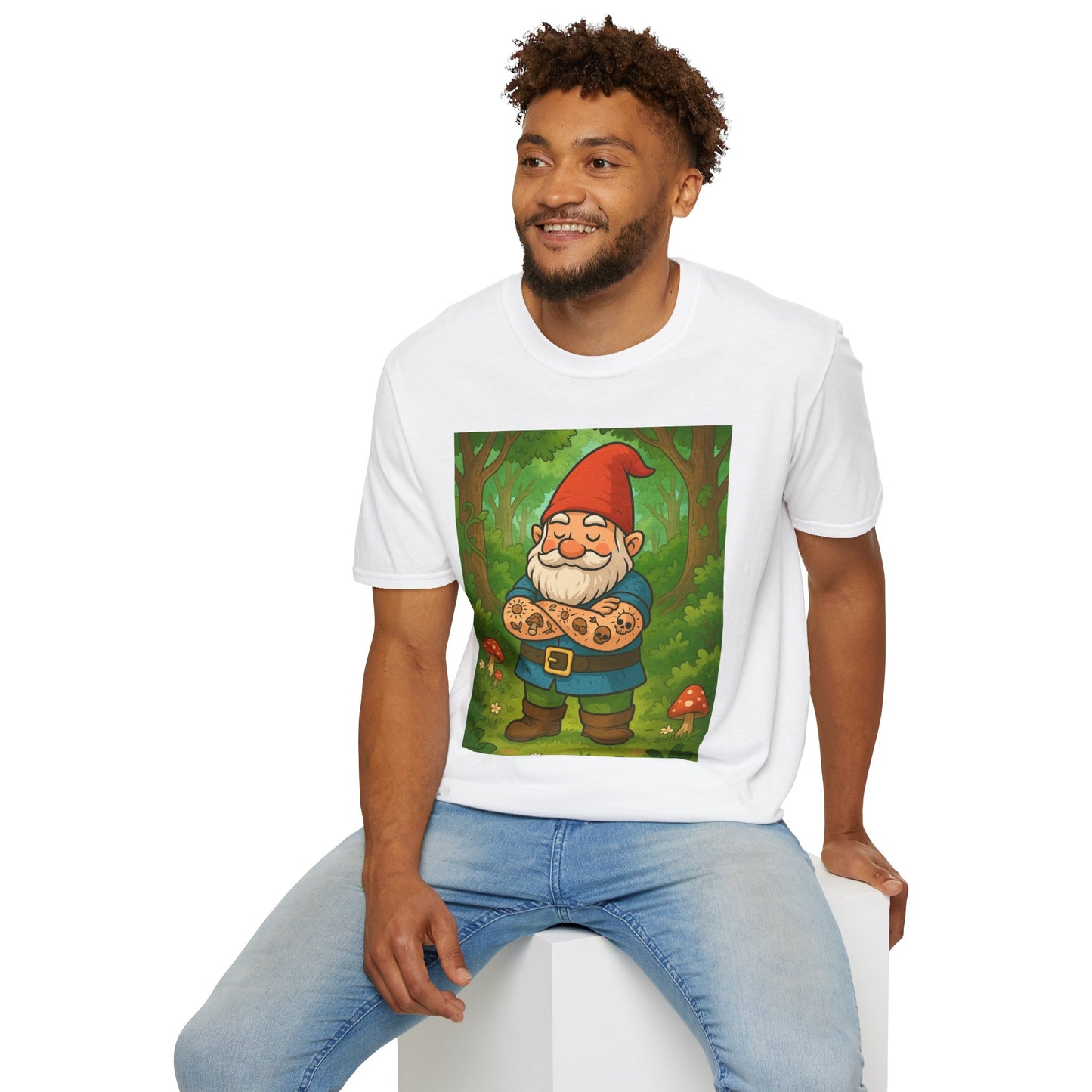 Tattooed Gnome T-Shirt – Funny Forest Inked Gnome Tee – Whimsical Tattoo Garden Shirt Gift for Mushroom Lovers, Gardeners, and Fantasy Fans
