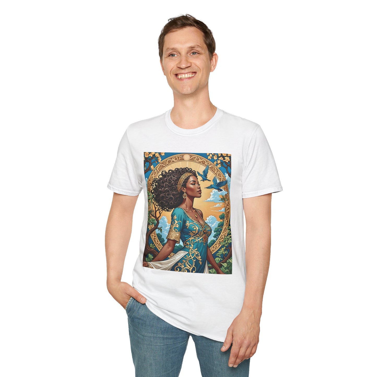 Bohemian Goddess T-Shirt, Unisex Softstyle Tee, Nature-Inspired Apparel, Gift for Women, Artistic Graphic Shirt, Eco-Friendly Fashion