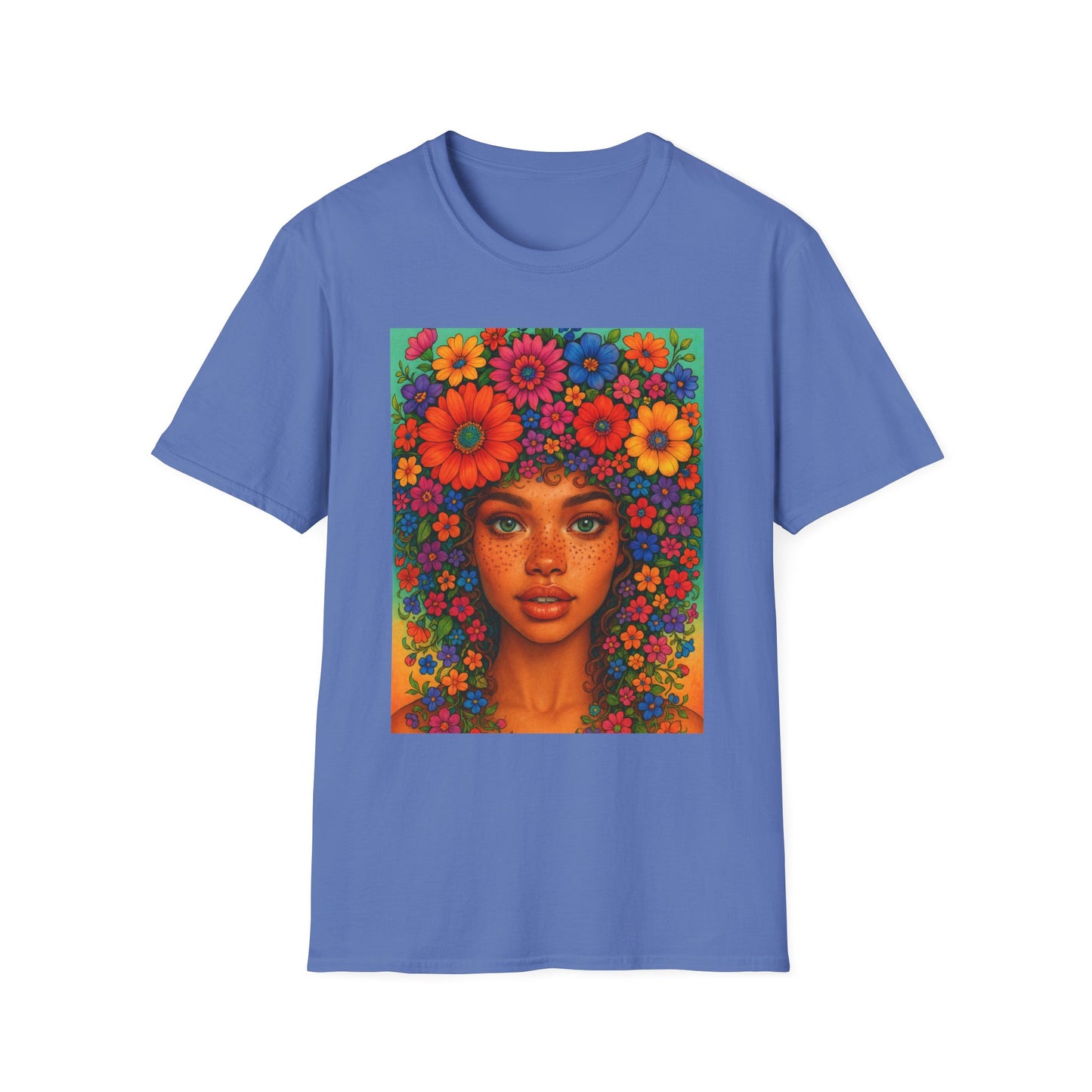 Flower Crown Woman T-Shirt – Afro Boho Floral Portrait Tee – Vibrant Art Shirt Gift for Nature Lovers, Hippies, Artists, and Bold Aesthetic Queens