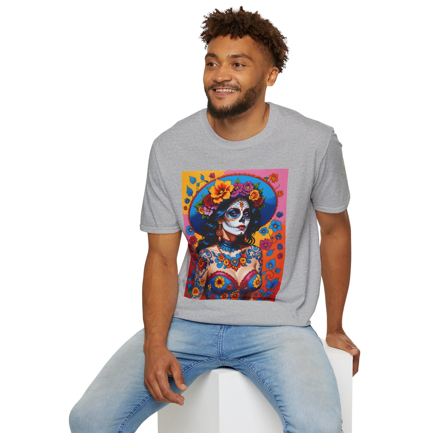 Sugar Skull T-Shirt – Día de los Muertos Art Tee – Gift for Goth Aesthetic Fans, Colorful Skull Lovers, and Tattoo-Inspired Fashion