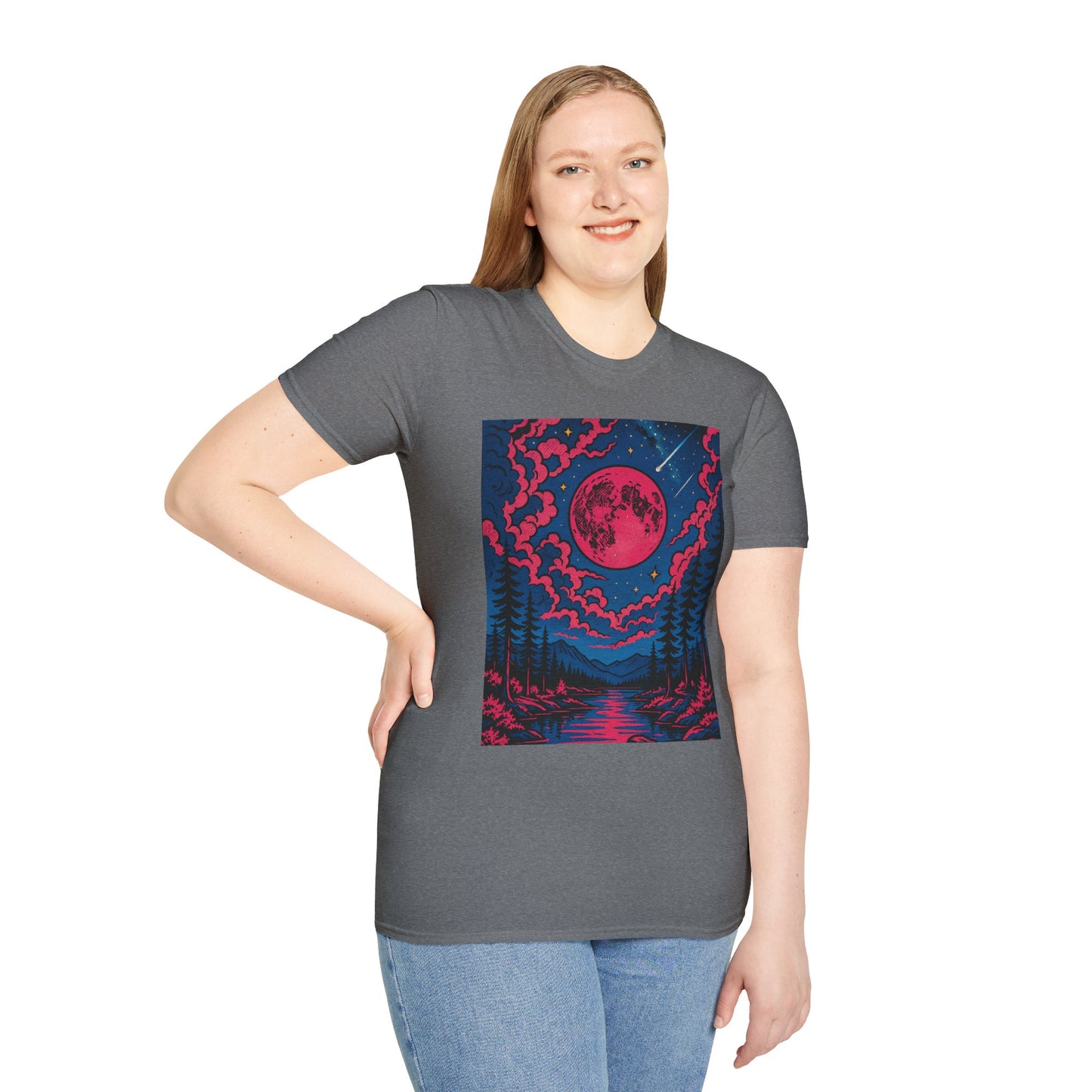Trippy Red Moon Forest T-Shirt – Surreal Nature Graphic Tee • Psychedelic Night Sky Shirt • Gildan Softstyle® Unisex • Gift for Nature Lovers