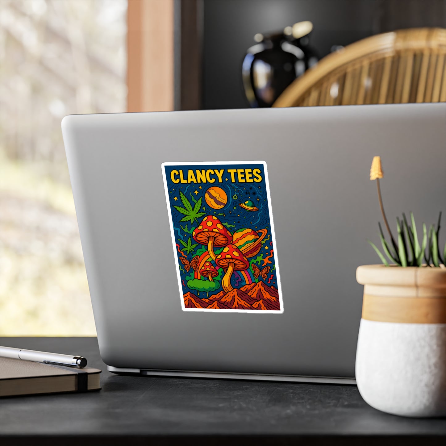 ClancyTees Psychedelic Mushroom Sticker – Kiss Cut Vinyl Decal, Trippy Space Artwork, Bold Retro Aesthetic, Gift for Stoner Friends