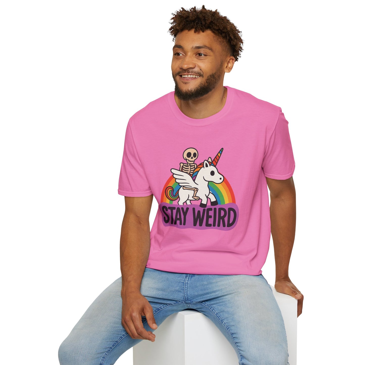 Stay Weird Skeleton Unicorn Shirt – Funny Rainbow Graphic Tee – Whimsical Weirdcore Clothing – Gift for Quirky Friends and Oddball Souls