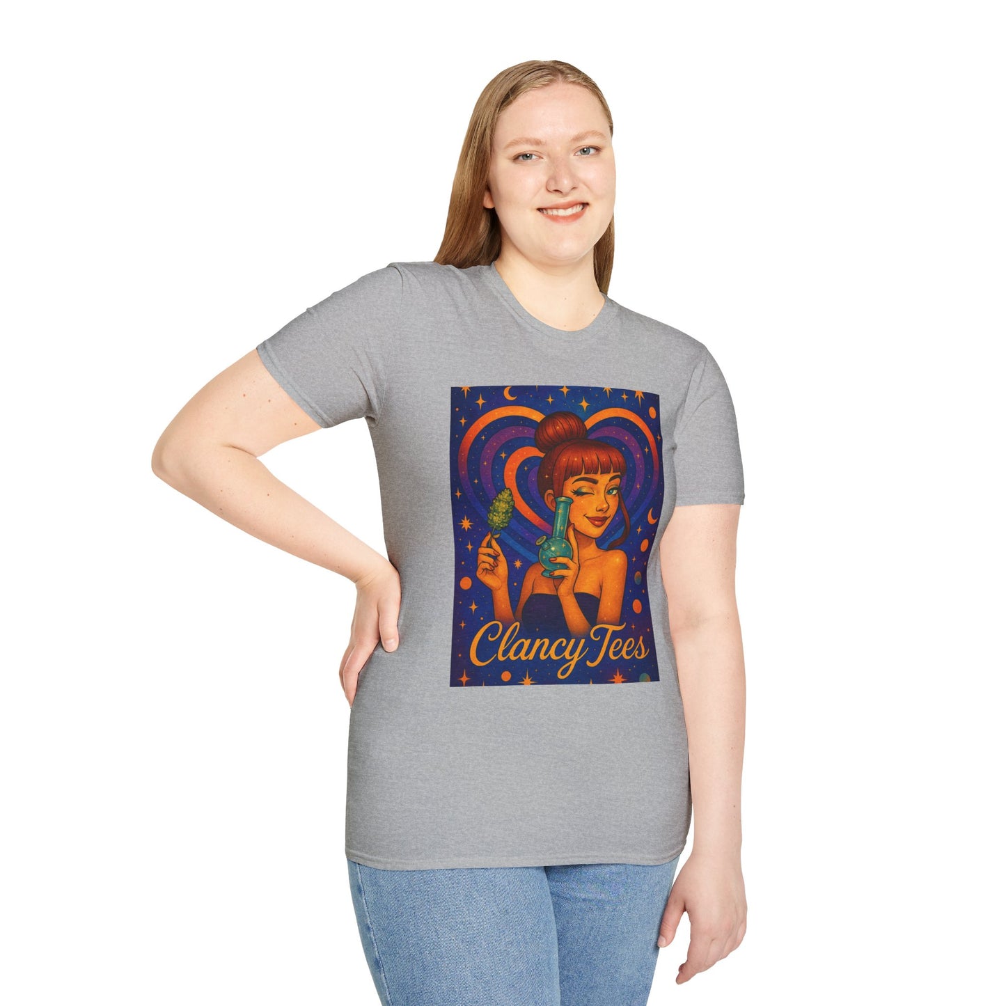 Cosmic Stoner Girl Art T-Shirt, Vintage Style Tee, Fun Summer Shirt, Gift for Art Lovers, Cute Graphic Tee, Unique Casual Wear