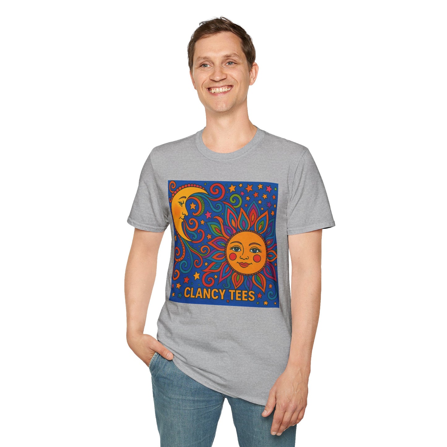 Sun and Moon Vibrant Tee, Unisex Softstyle T-Shirt for Summer Vibes, Boho Fashion, Gift for Her, Festival Wear, Casual Wear