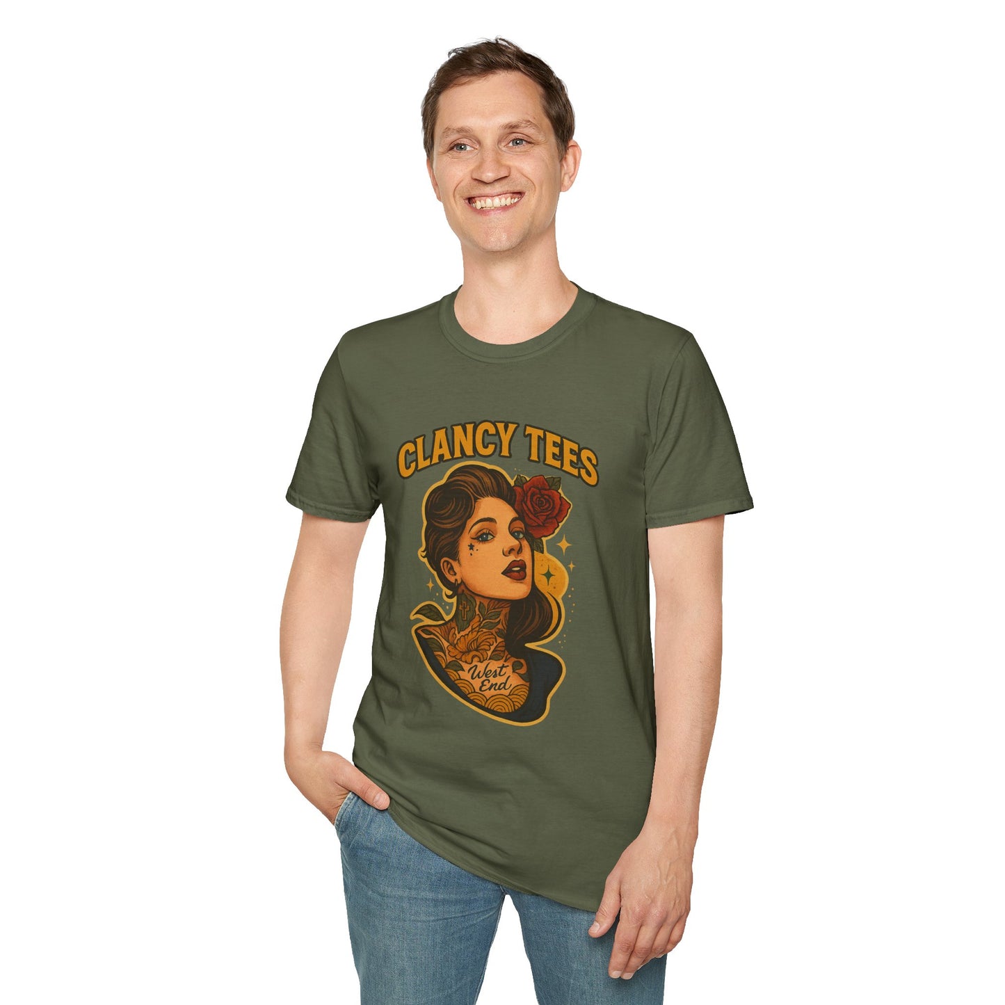 Vintage Tattoo-Inspired Unisex Softstyle T-Shirt, Unique Graphic Tee, Casual Statement Shirt, Perfect Gift for Friends & Festivals