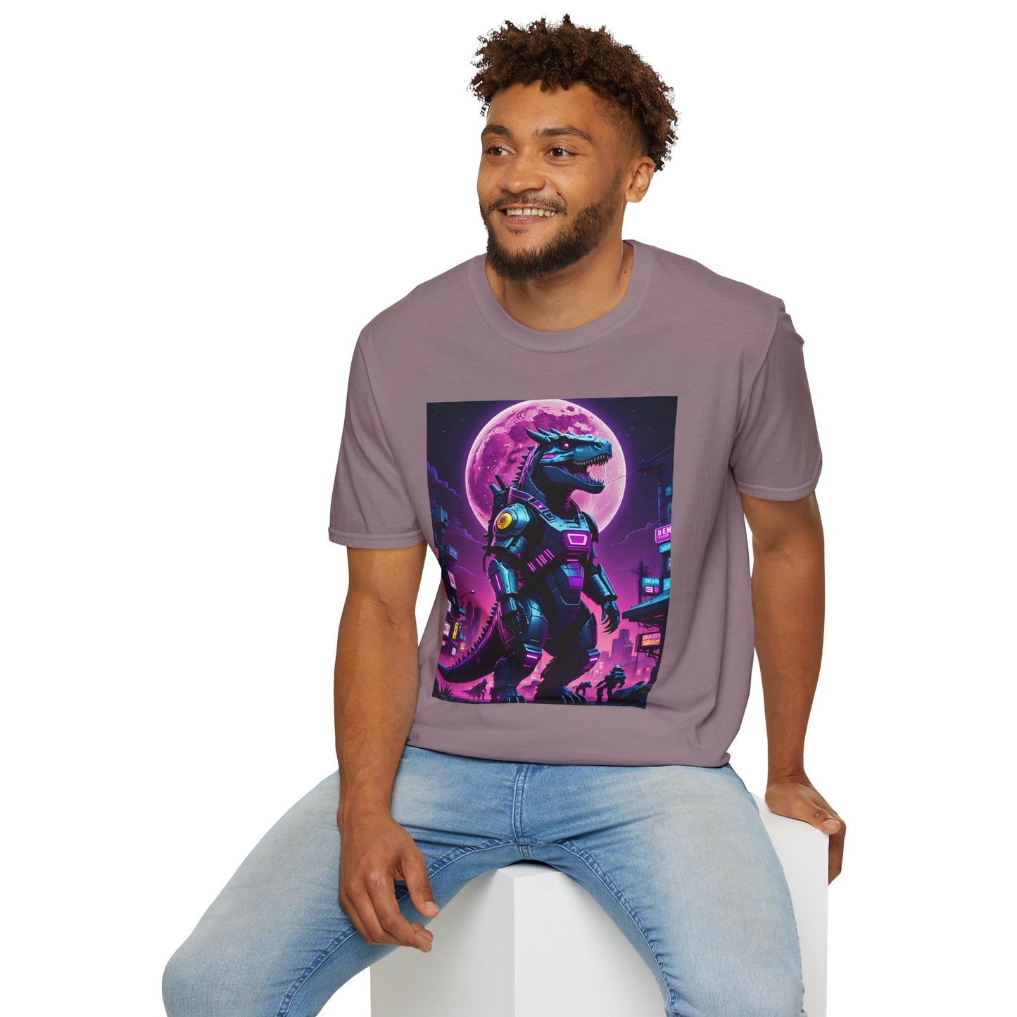 Cyberpunk Dinosaur T Shirt Neon Retro Graphic Tee Futuristic Monster Artwork Top Gift for Sci Fi Fans