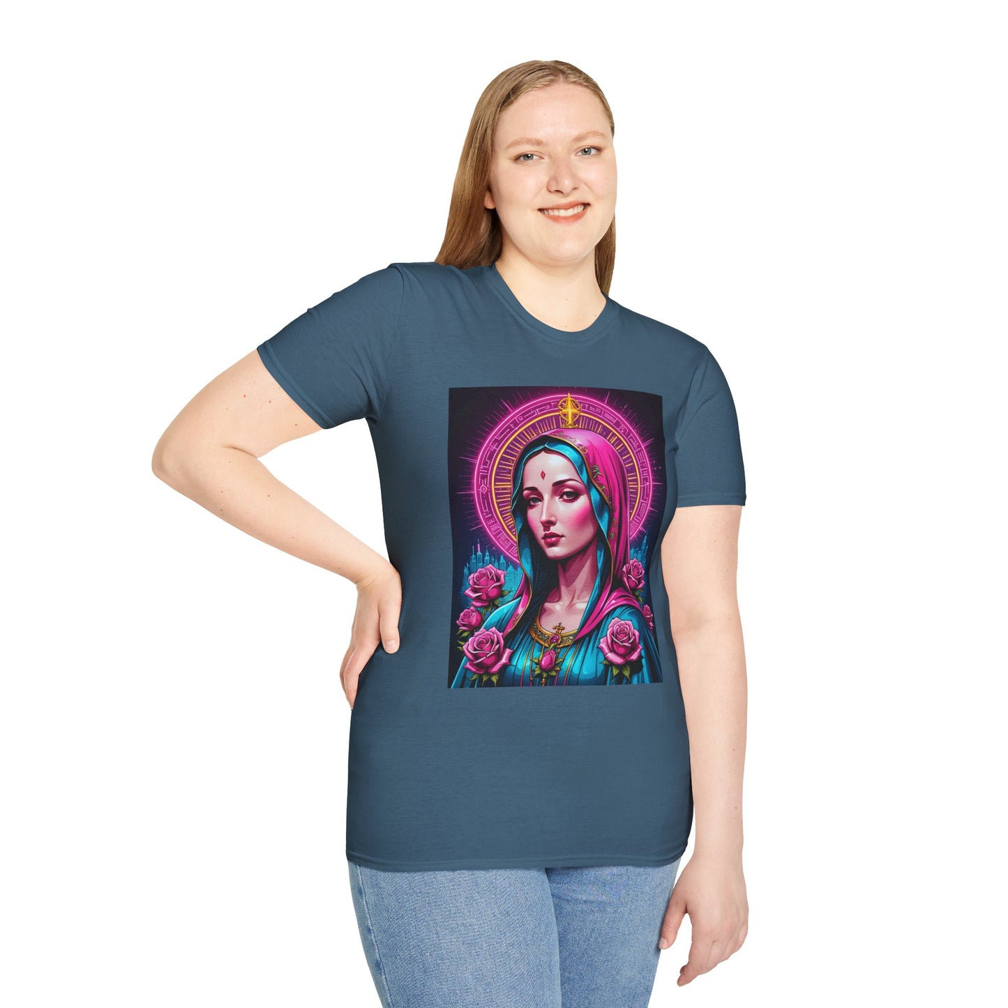Religious Graphic Tee - Vibrant Mary Artwork, Gift for Devotees, Floral Design Shirt, Faith-Inspired Apparel, Everyday Wear