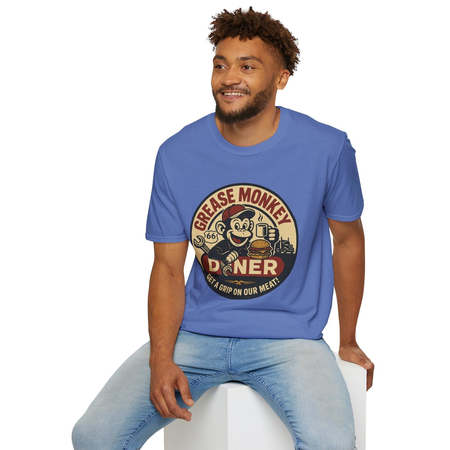 Grease Monkey Diner T-Shirt – Retro Mechanic Mascot Tee – Funny Vintage Roadside Shirt Gift for Car Guys, Grill Masters, and Route 66 Road Trip Fans