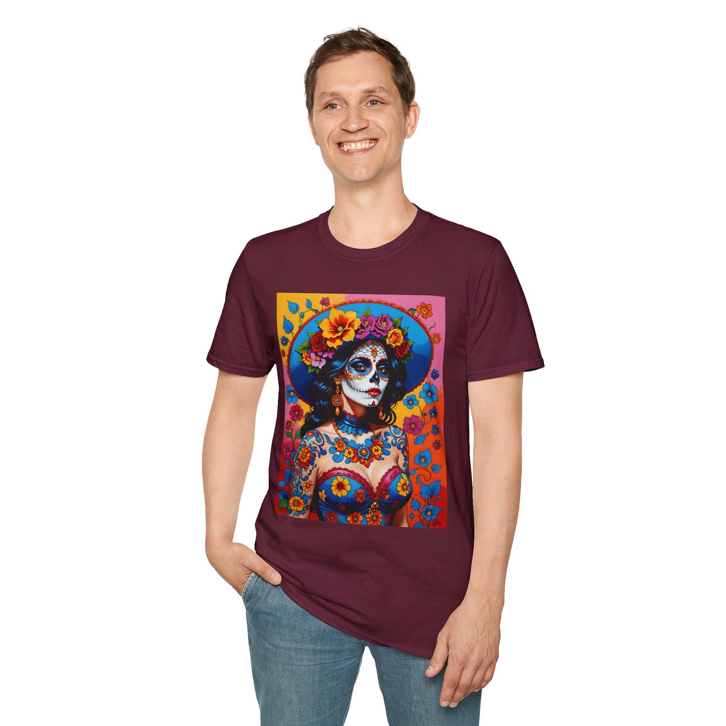 Sugar Skull T-Shirt – Día de los Muertos Art Tee – Gift for Goth Aesthetic Fans, Colorful Skull Lovers, and Tattoo-Inspired Fashion
