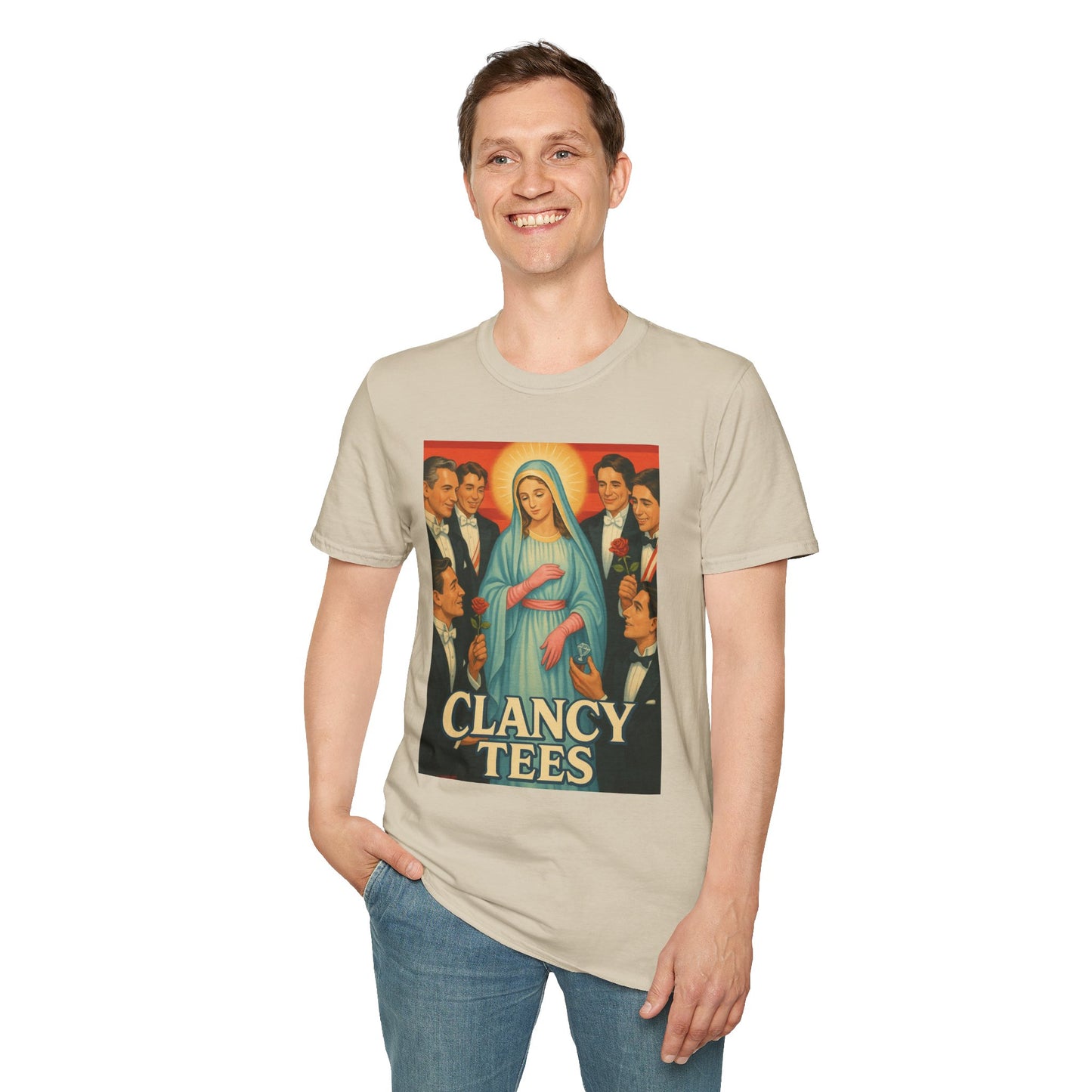 Vintage Madonna Graphic Tee, Unisex Virgin Mary Softstyle T-Shirt, Retro Art Shirt, Gift for Artsy Friends, Festival Attire, Casual Wear