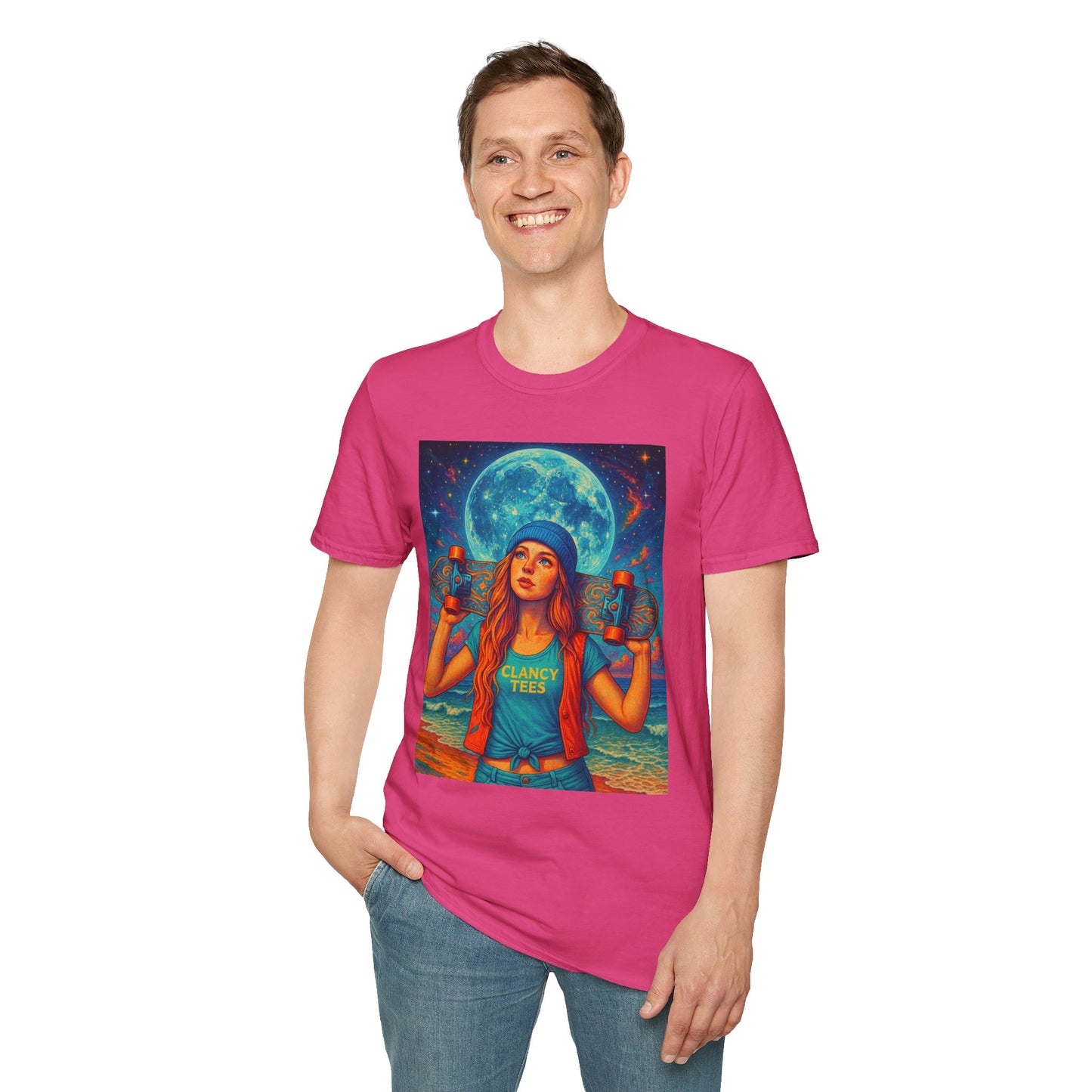Bohemian Skater Girl Graphic Tee, Unisex T-Shirt with Moon & Nature Design, Perfect for Festivals, Gift for Nature Lovers, Summer Vibes, Casual Wear