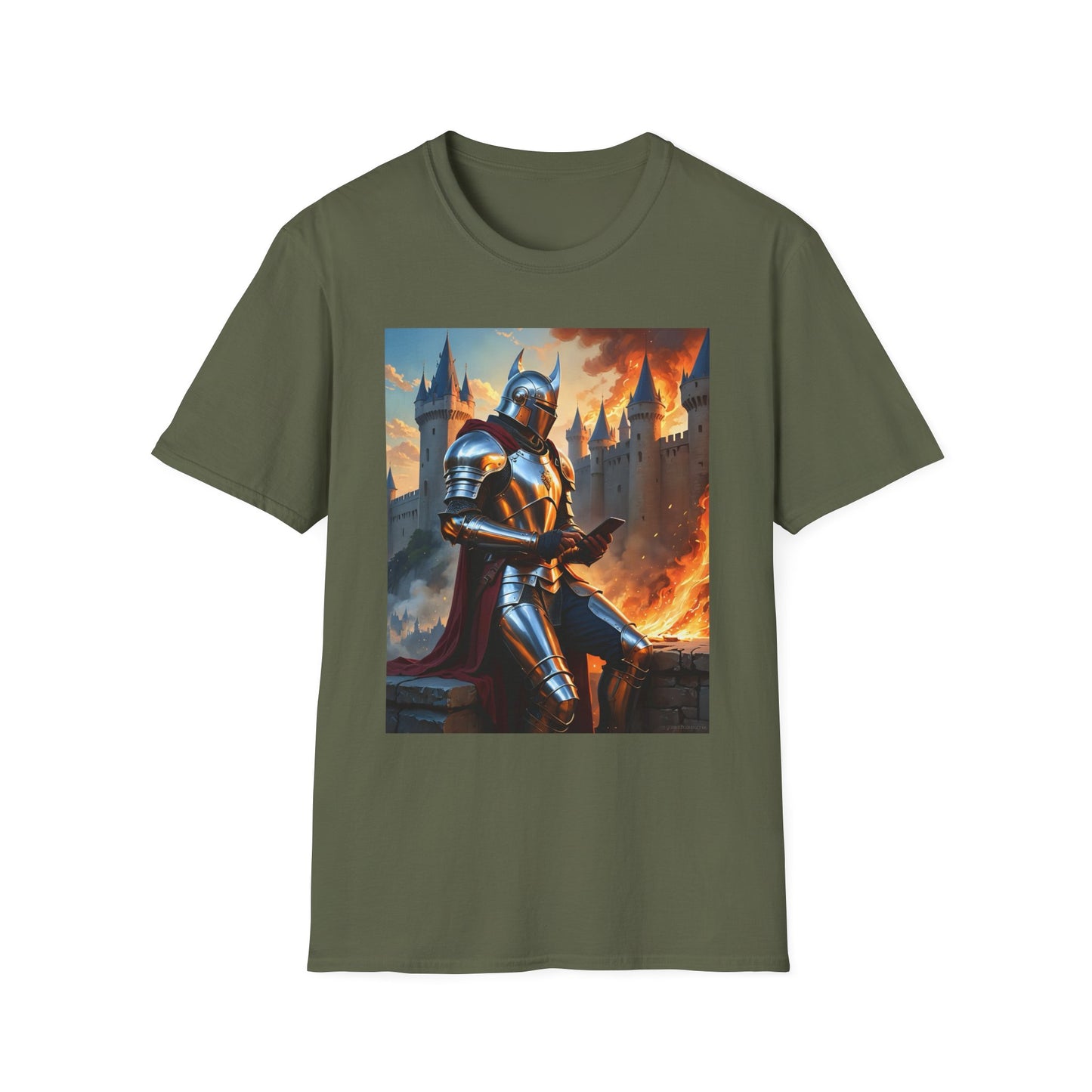 Knight in Burning Castle Shirt – Dark Fantasy Armor Tee – Gift for RPG Fans, Medieval Nerds, and Apocalyptic History Buffs