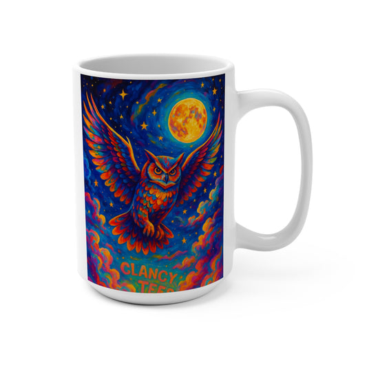 Psychedelic Owl Coffee Mug Colorful Full Moon Artwork Cosmic Bird Cup Unique Gift For Fantasy And Night Sky Lovers