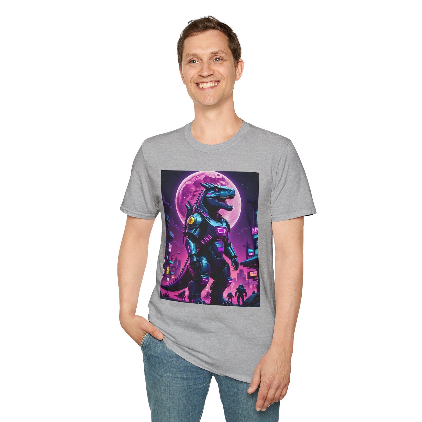 Cyberpunk Dinosaur T Shirt Neon Retro Graphic Tee Futuristic Monster Artwork Top Gift for Sci Fi Fans